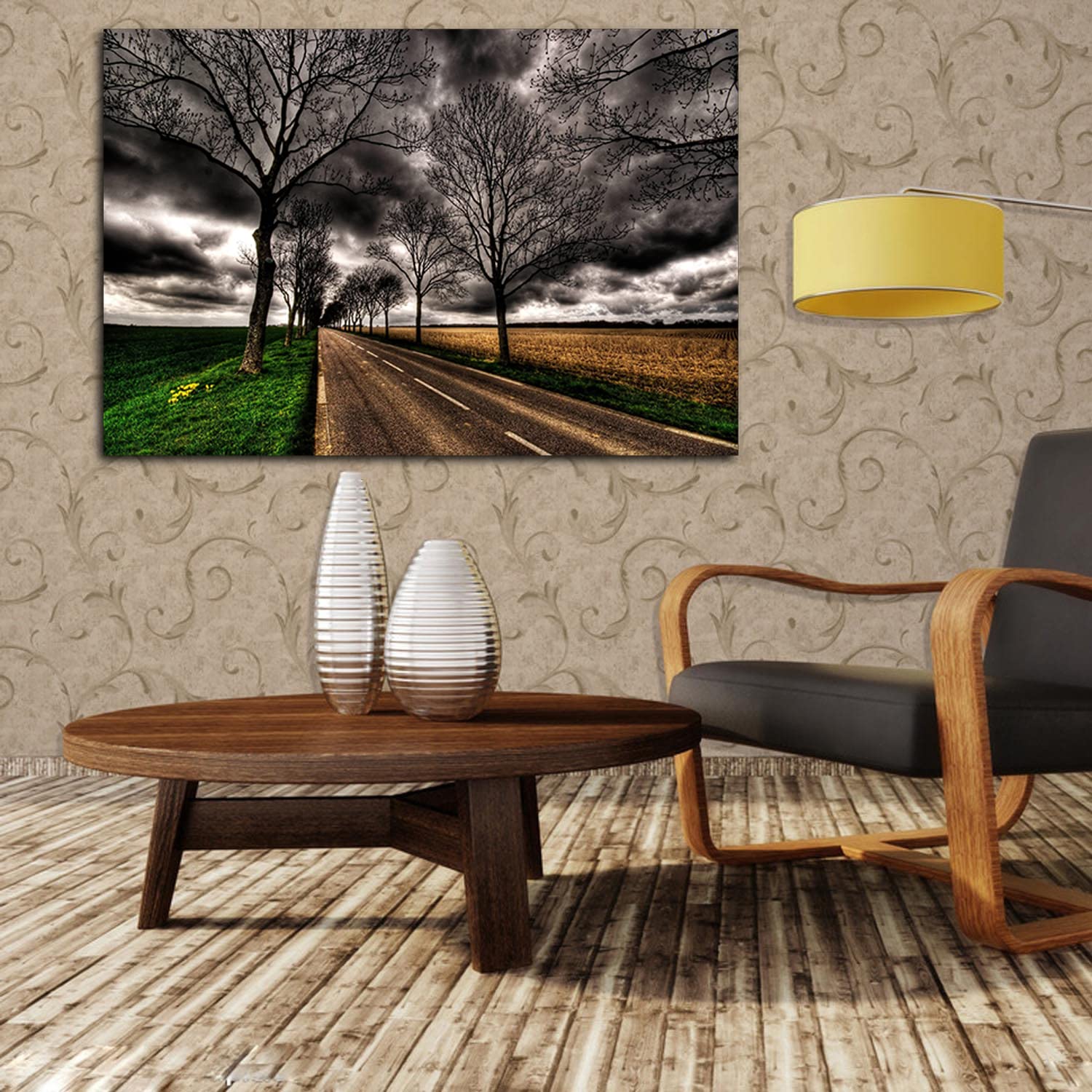 Country Road Canvas Art - Framed Landscape Painting Wall Decor for Home, Office, Bedroom - Ready to Hang - Perfect for Living Room, Dining Area & Gifts