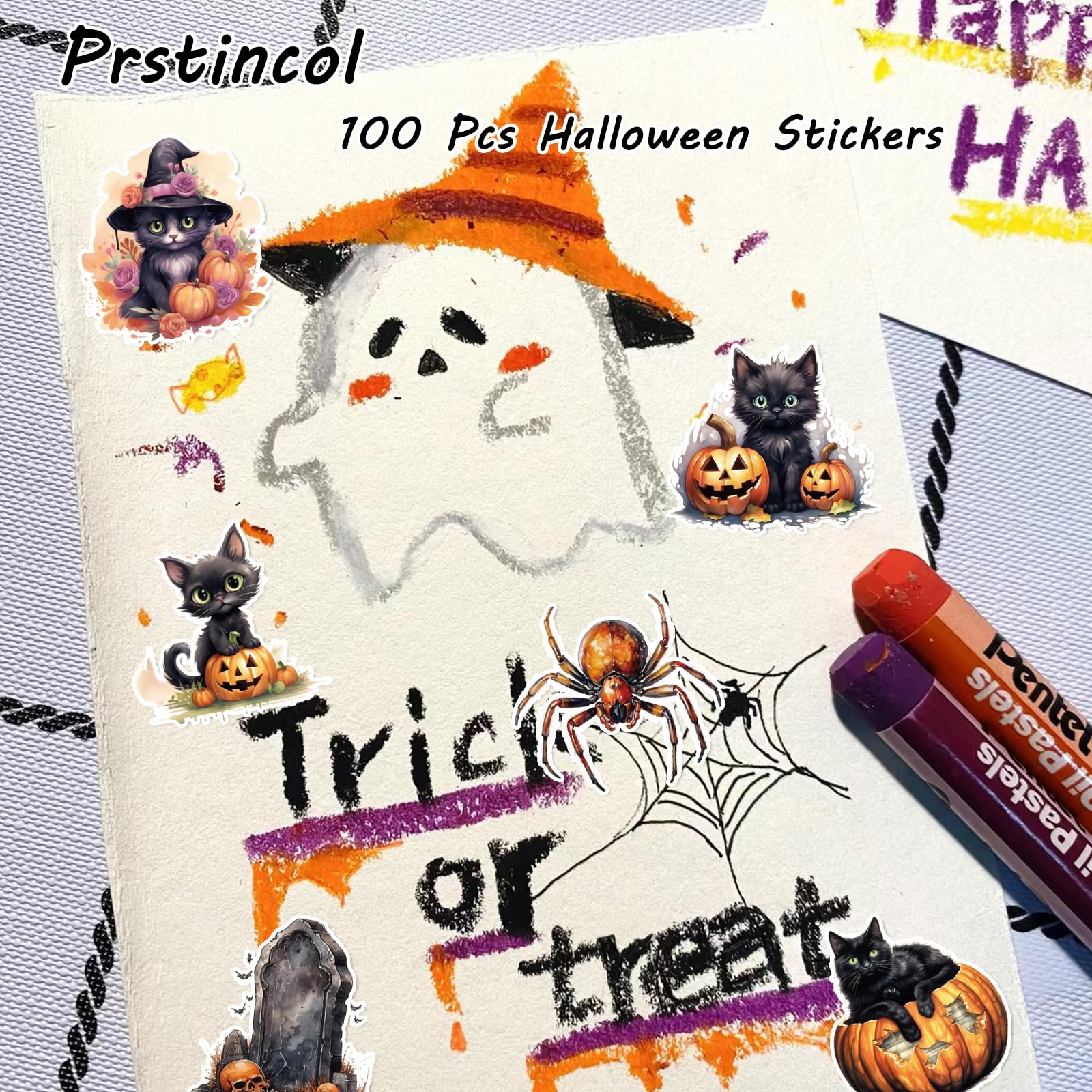 100 Pcs Halloween Stickers for Kids - Black Cat, Witch & Pumpkin Vinyl Stickers for Scrapbooking, Junk Journals, Collages - Waterproof Decals for Laptop, Water Bottles, Windows - Perfect for Halloween Party Favors & DIY Crafts