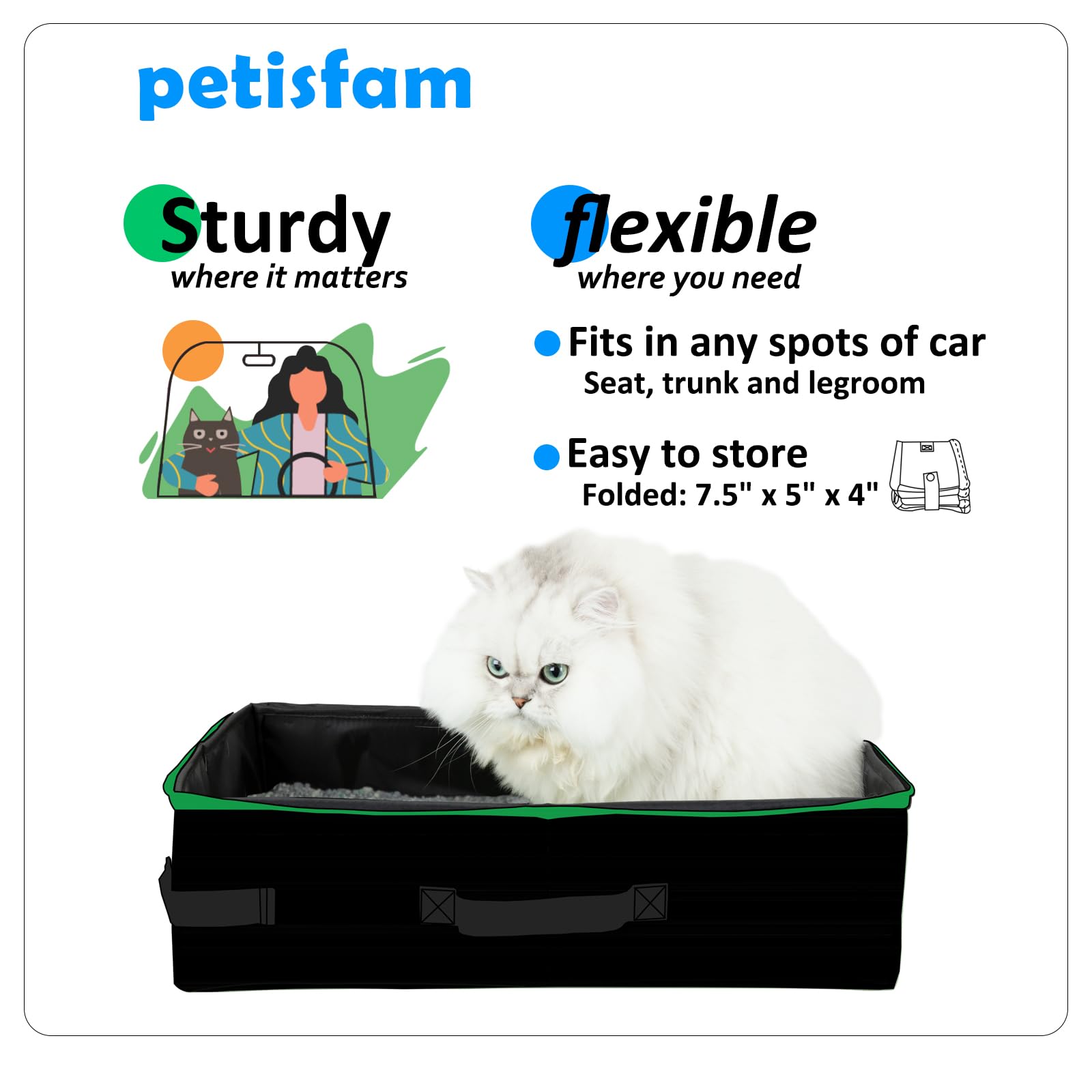 Petisfam Portable Travel Litter Box for Cats with Lid - Odor Control & Leak Proof - Foldable & Lightweight Cat Litter Tray for Car Travel, Hotel Stays, Airplane Trips - Perfect for Road Trips, Camping & Small Spaces