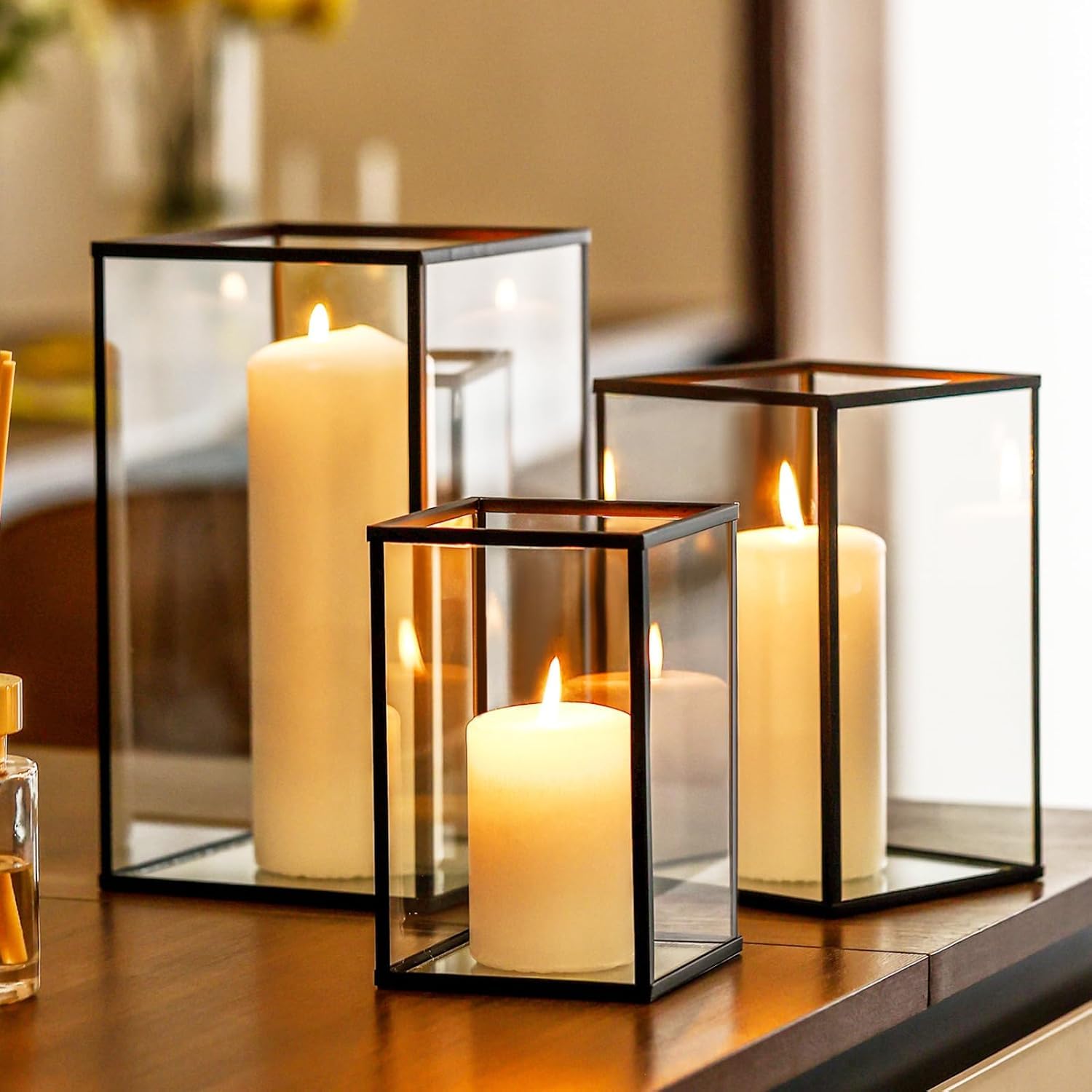 yshengood 6-Piece Black Glass Hurricane Candle Holders - Square Table Centerpieces for Wedding, Thanksgiving & Home Decor | Perfect for Dining Tables, Fireplace Mantels & Outdoor Gatherings
