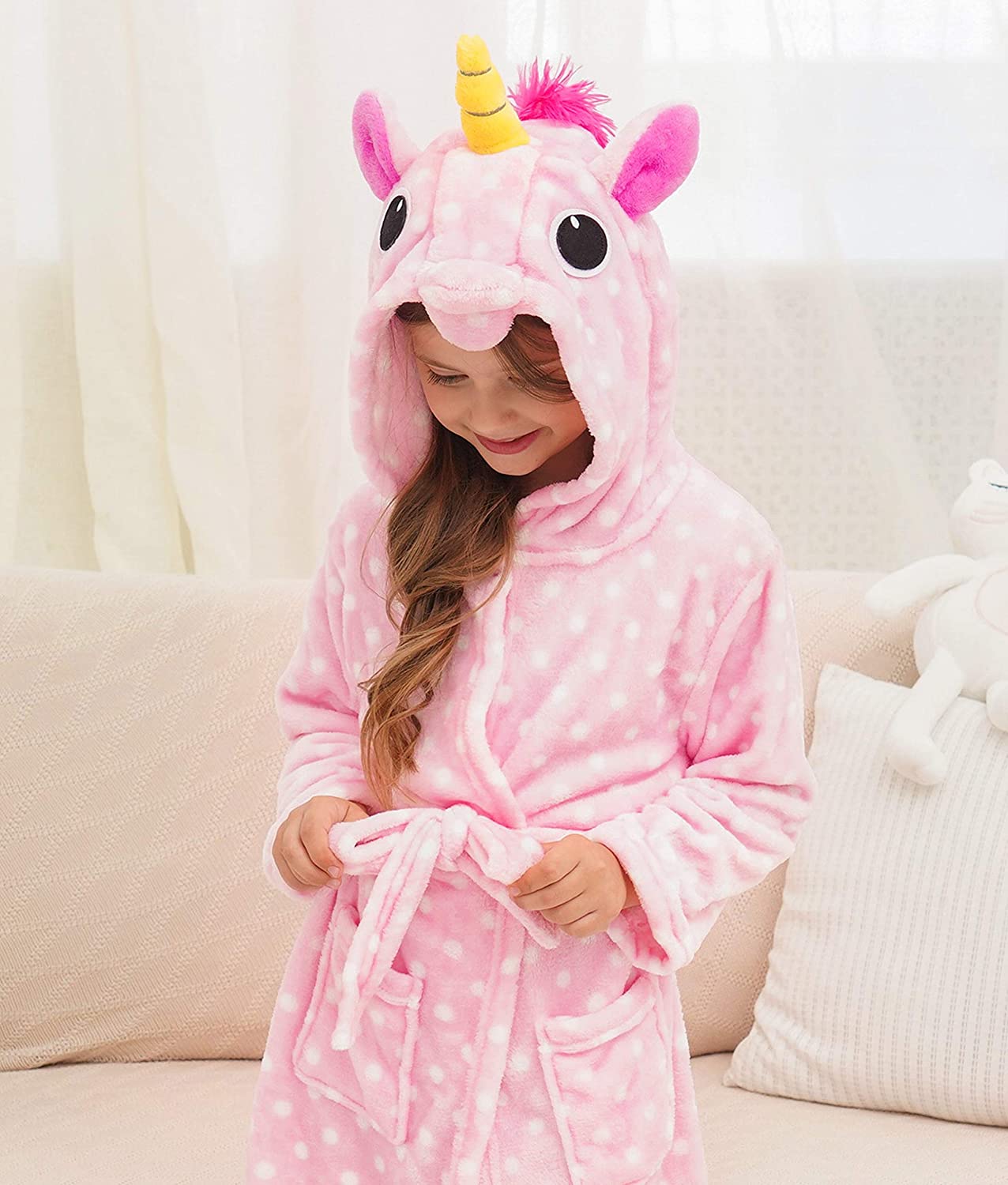 Soft & Cozy Unicorn Dots Bathrobe for Women & Girls - Plush Fleece Robe with Hood for Spa, Lounge & Relaxation at Home