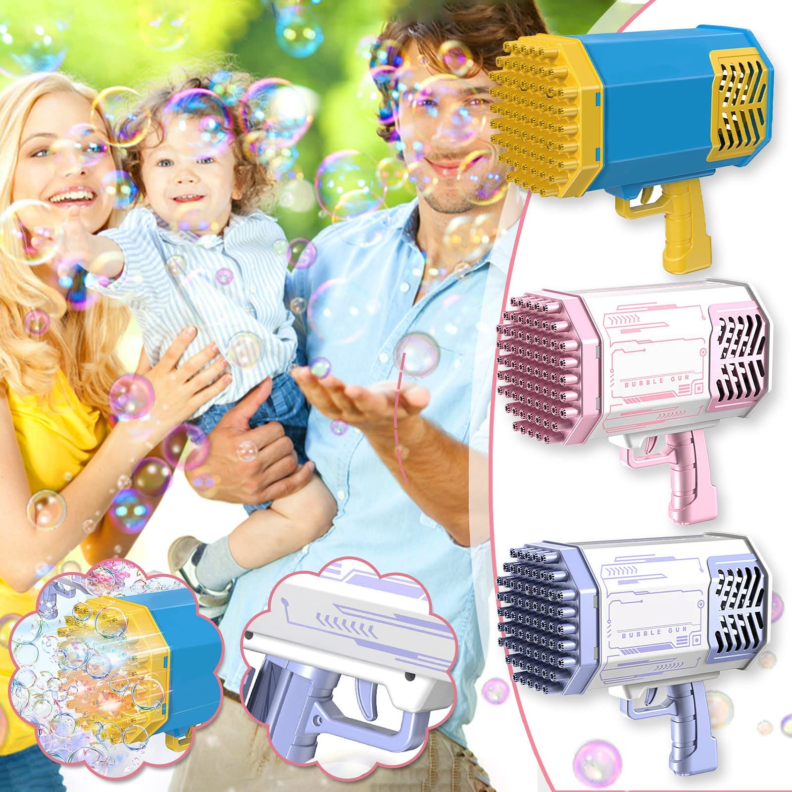 Upgraded Automatic Bubble Blaster Gun with 69 Holes & Colorful LED Lights - Fun Rocket Launcher Style Bubble Machine for Kids & Adults - Perfect for Birthday Parties, Weddings, Outdoor Play & Backyard Fun