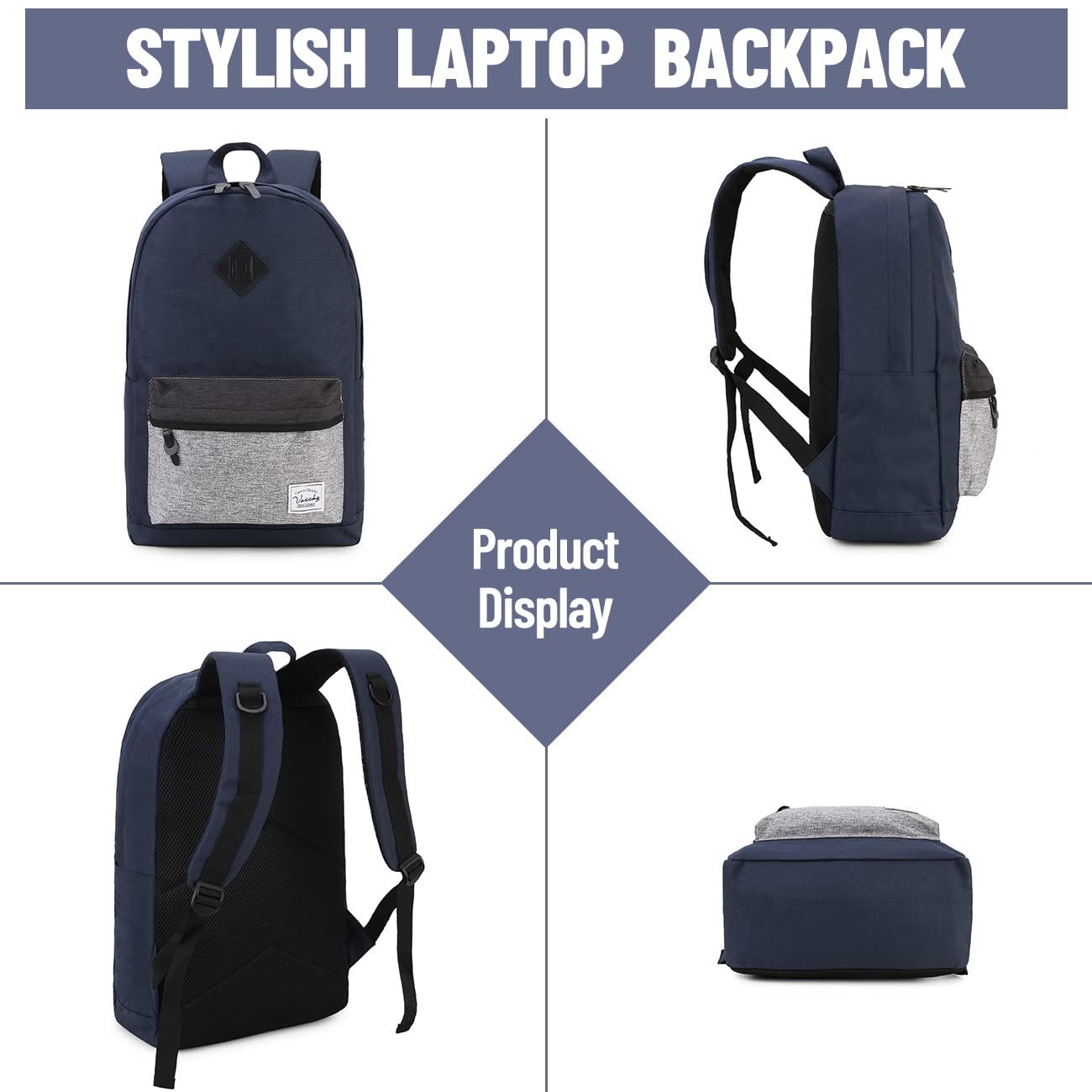 VASCHY Water-Resistant Backpack for Men & Women - Durable School Backpack, Bookbag, Daypack for Work, College & Travel - Navy Blue Casual Laptop Backpack