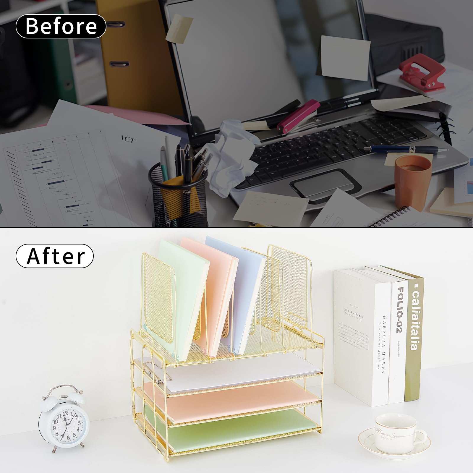 AUPSEN 3-Tier Metal Desk Organizer with 5-Section Vertical File Holder - Gold Office Supplies for Home & Workspace - Perfect for Paper Storage, Document Organization & Office Accessories Arrangement