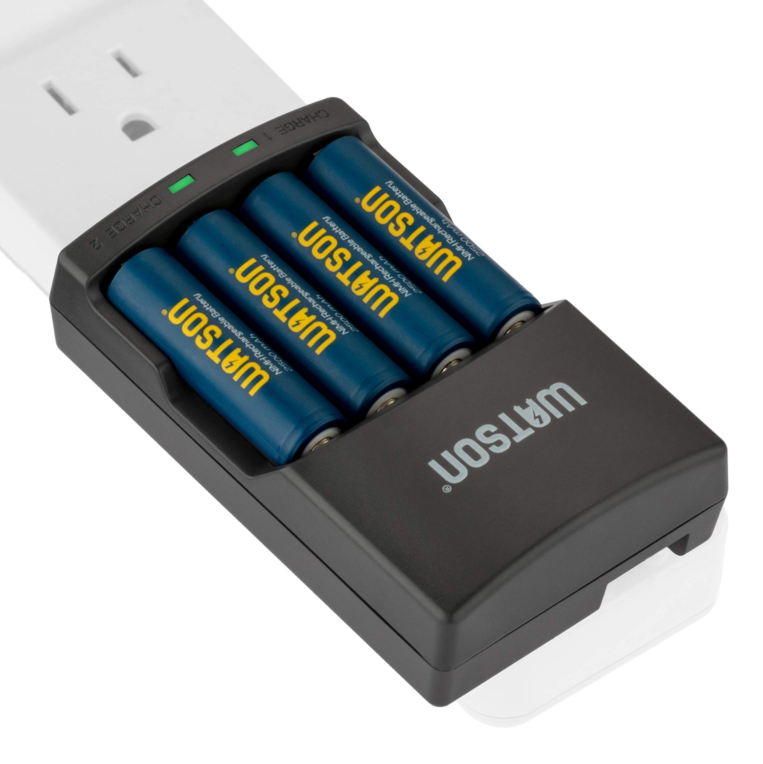 Watson Rapid Charger with 4 AA NiMH Rechargeable Batteries 2500mAh - Fast Charging for Cameras, Flashlights & Gaming Controllers - Perfect for Home, Office & Travel Use