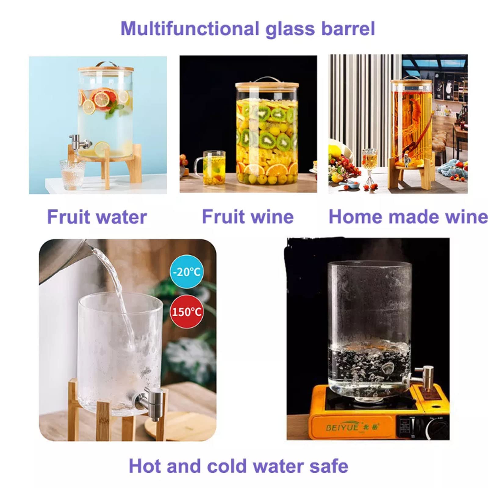 Premium Glass Drink Dispenser with Wooden Stand & Stainless Steel Spigot - 5L Mason Jar Pitcher for Hot/Cold Beverages, Juice, Beer, Iced Tea, Lemonade - Perfect for Parties, Weddings, BBQs & Home Entertaining