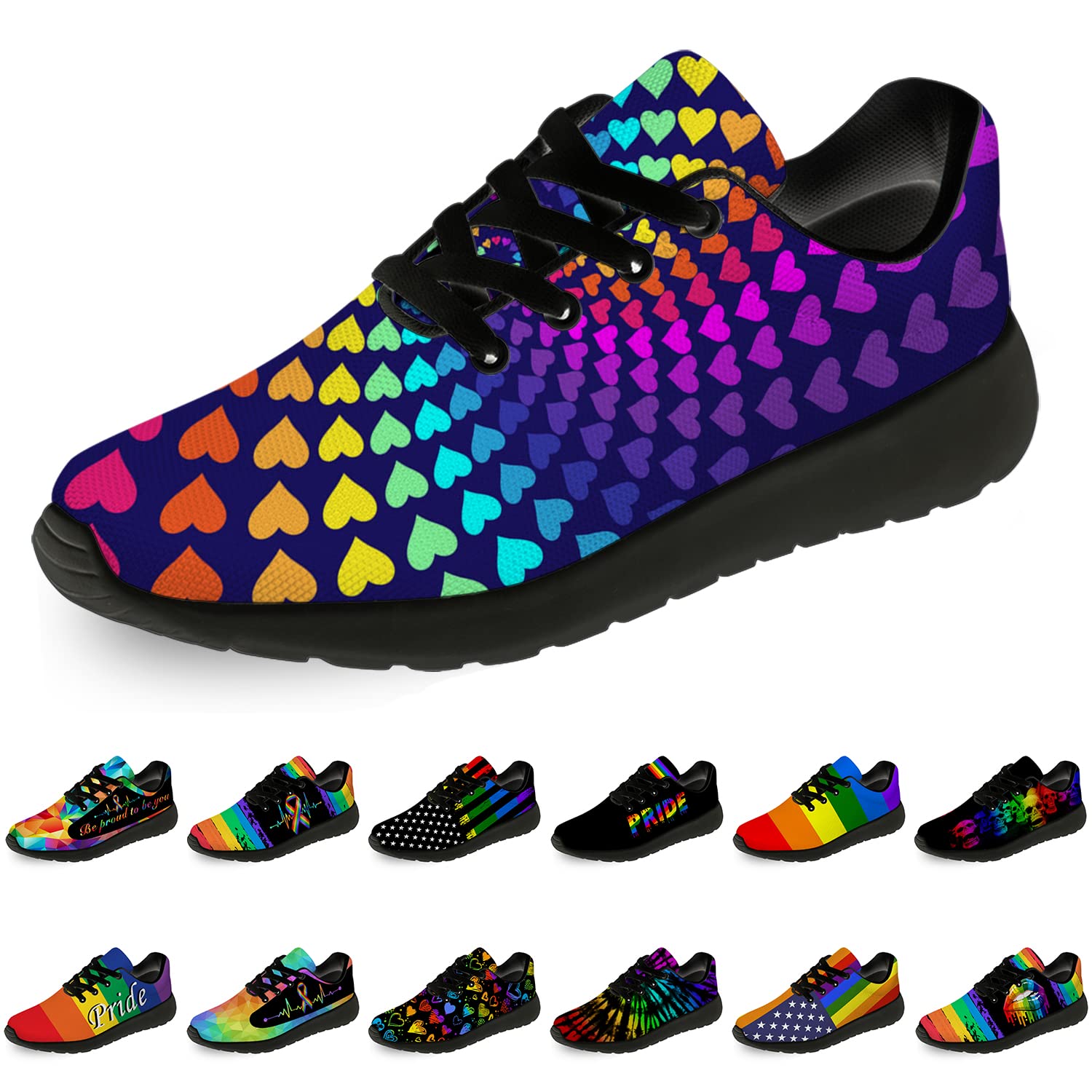 **Men's & Women's LGBTQ Pride Running Shoes - Rainbow Hearts Sneakers for Walking, Tennis & Casual Wear - Size 11.5 Men/14 Women - Black - Perfect for Pride Parades, Workouts & LGBTQ Gifts**