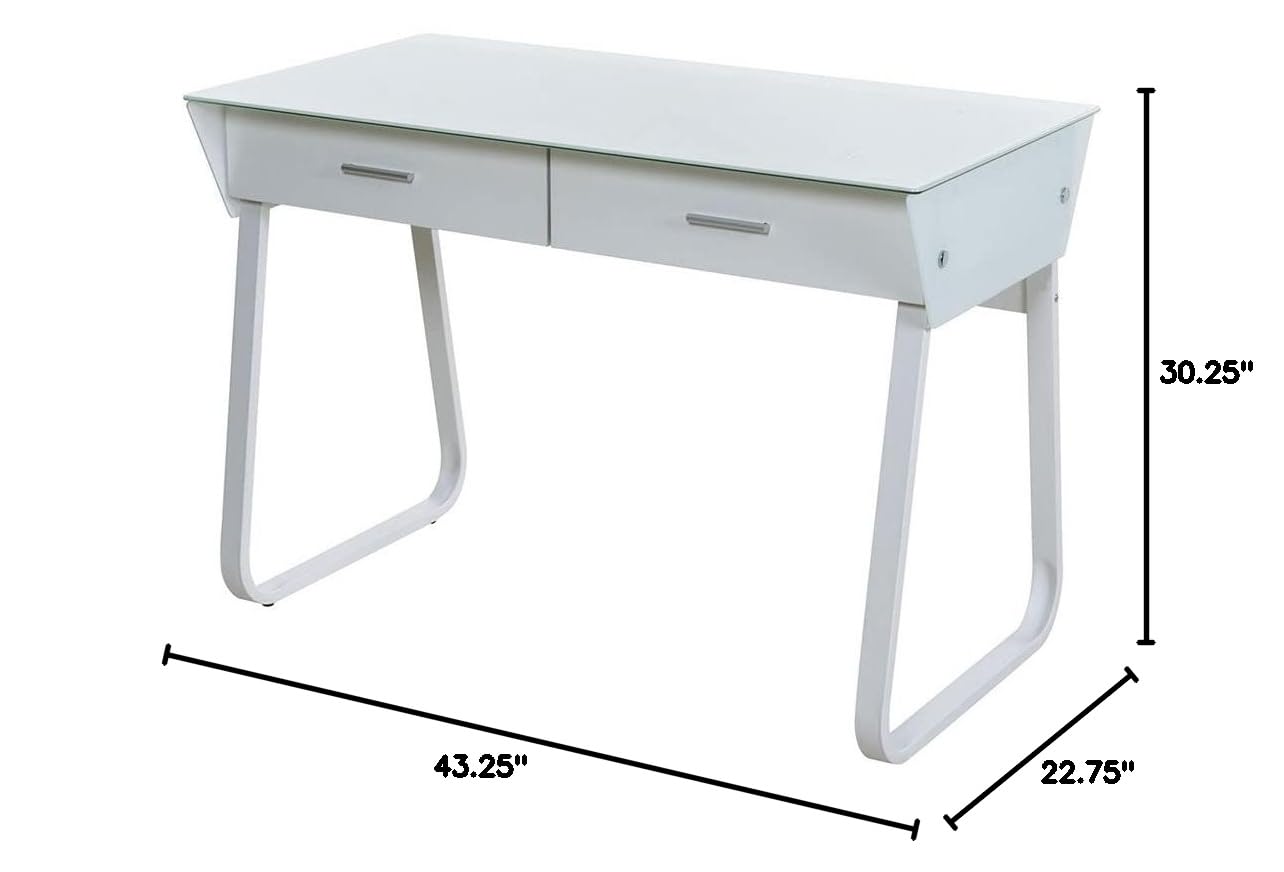 OneSpace Ultramodern Glass Computer Desk with Drawers - White Medium Size Home Office Desk for Work & Study - Perfect for Small Spaces, Gaming Setup & Modern Home Office