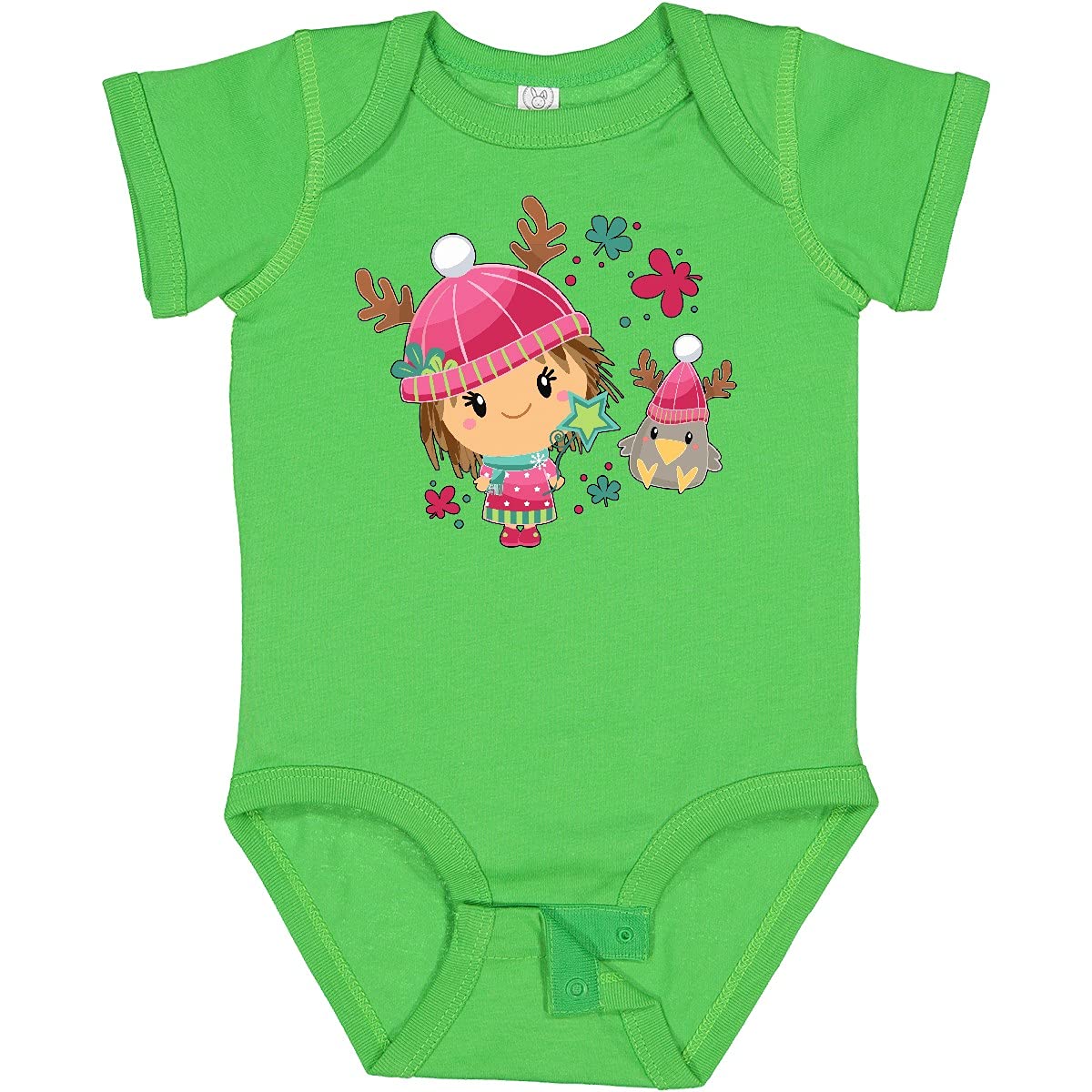 Inktastic Cute Winter Christmas Girl and Crow in Hats Baby Bodysuit - Festive Holiday Outfit for Infants & Toddlers - Perfect for Christmas Photos, Family Gatherings & Holiday Parties