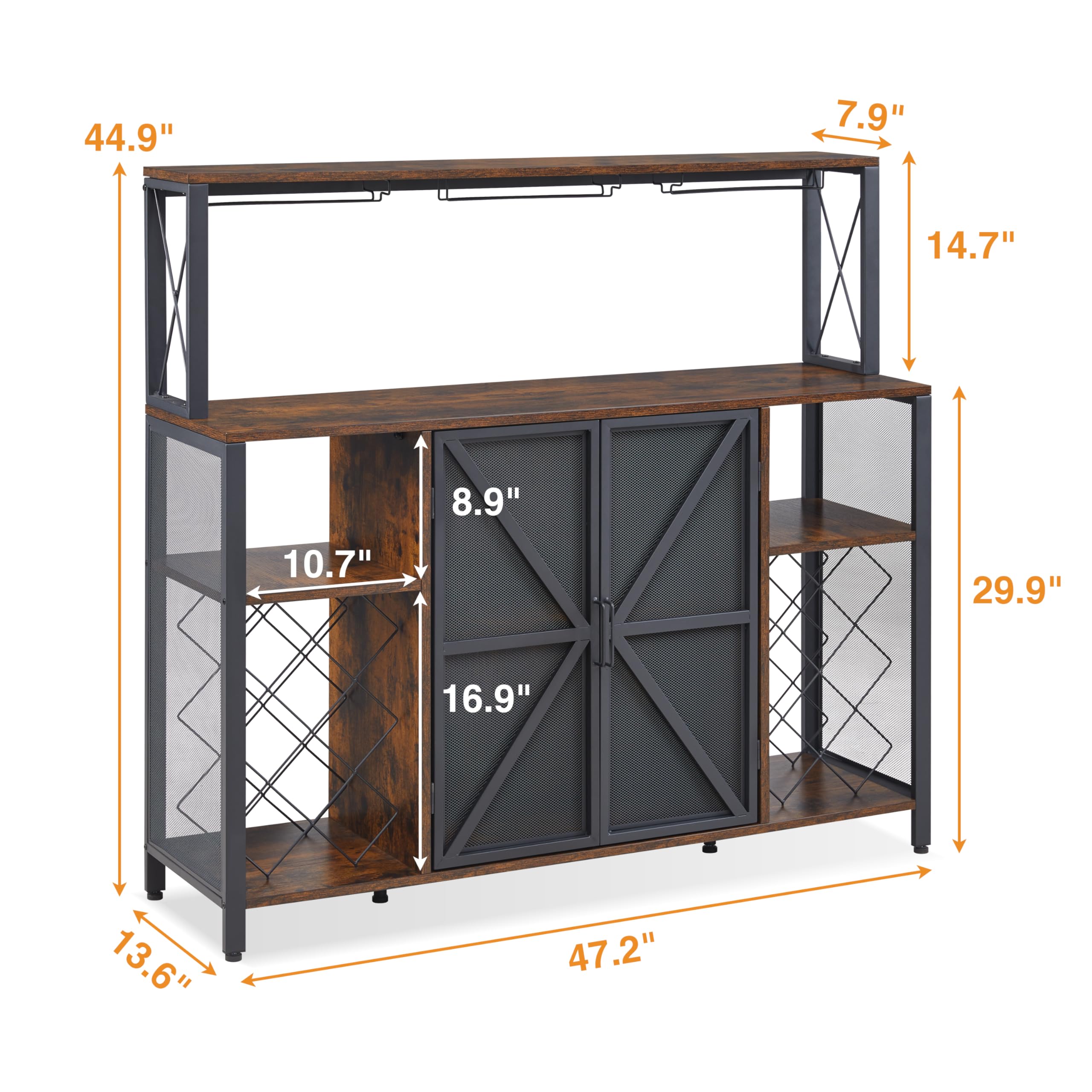 Industrial Coffee Bar Cabinet with Storage - Rustic Brown Sideboard Buffet for Kitchen, Dining Room & Bar | Wine Rack, Glass Holder & Liquor Storage | Perfect for Home Entertaining, Coffee Station & Wine Display (47.2