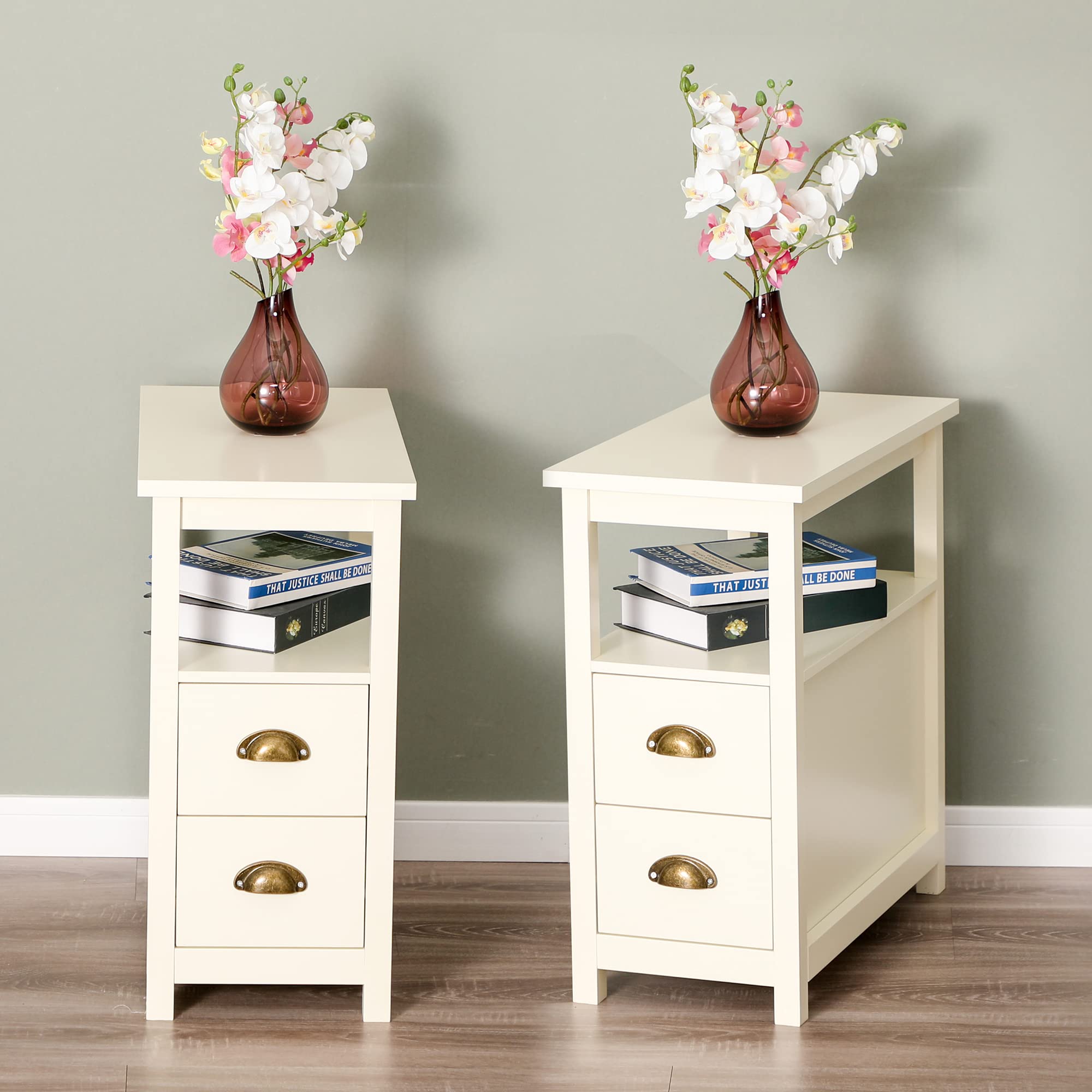 MAISON ARTS Narrow End Tables Set of 2 with Storage Drawers & Open Shelf - Compact Sofa Side Tables, Nightstands for Living Room, Bedroom - Ivory - Perfect for Small Spaces, Apartment Decor & Coffee Table Alternatives