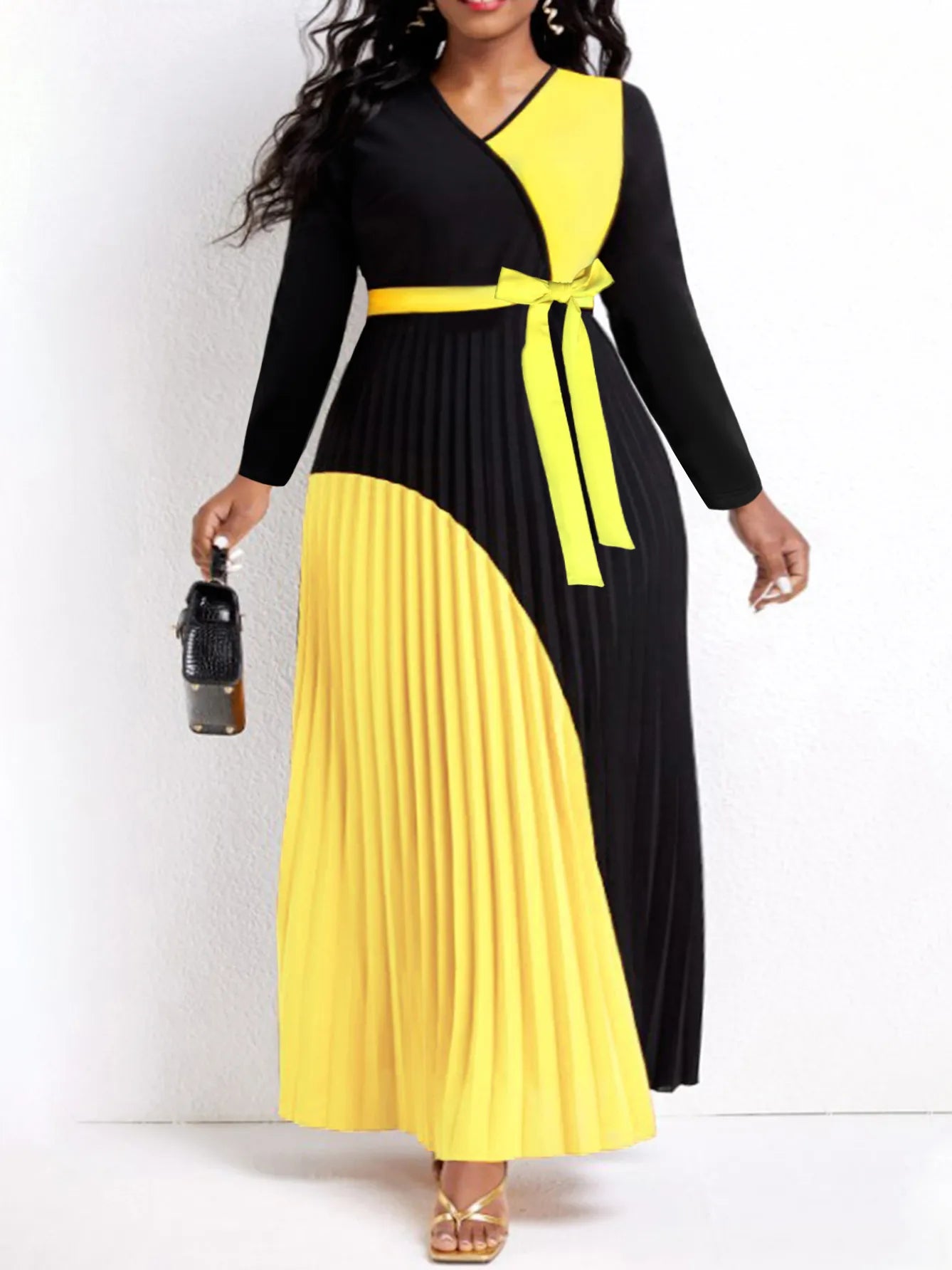 Elegant Fall Maxi Dresses for Women - Bandage Design Tiered Pleated A-Line Dress with Belt & Long Sleeves | V-Neck Flowy Patchwork Vestidos | Perfect for Autumn Weddings, Parties & Date Nights