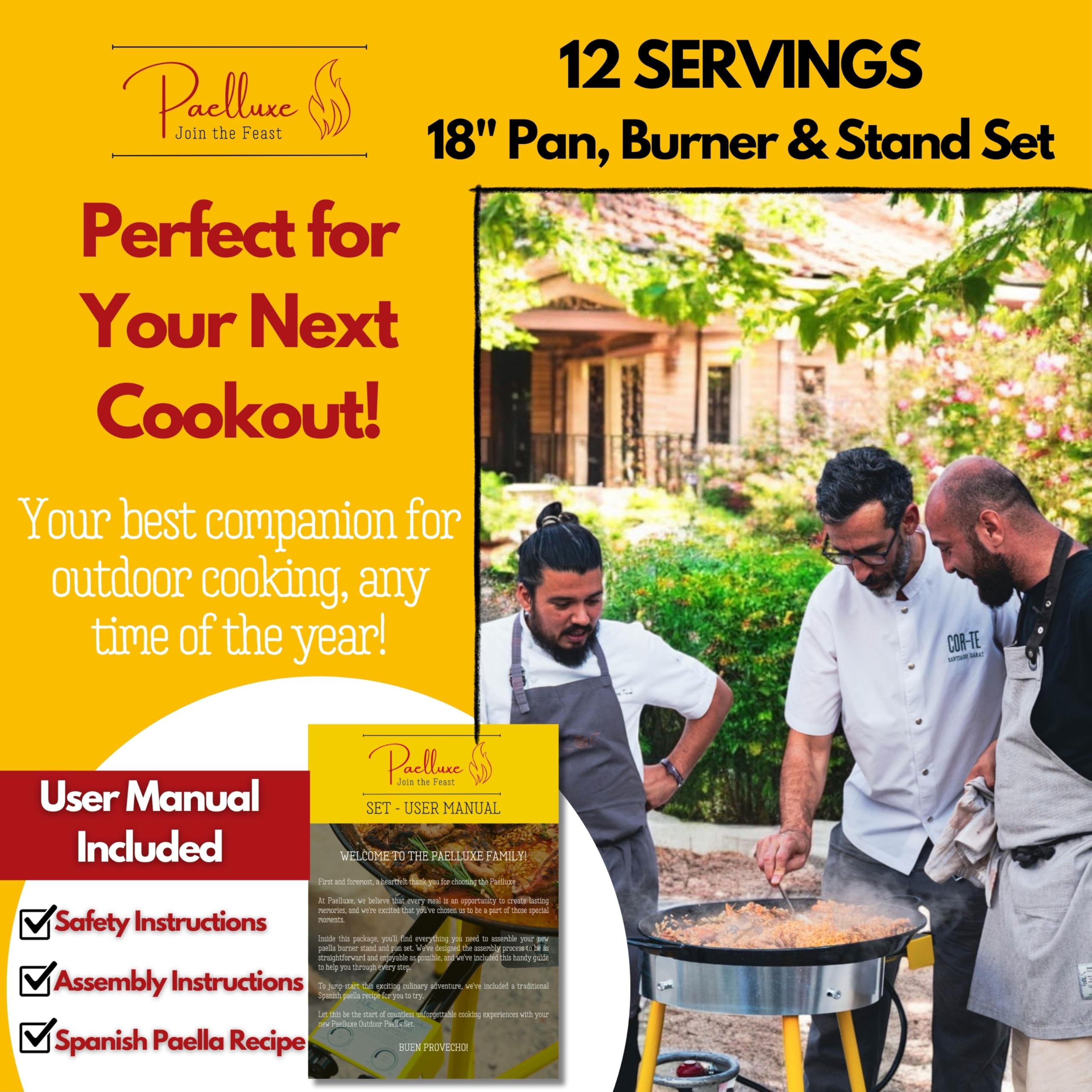 Premium 18-Inch Enameled Steel Paella Pan Set – Rust-Proof Outdoor Cooking Kit with Dual Burner Propane Stove & Stand – Serves 12 – Perfect for Backyard Parties, Camping & Spanish Cuisine