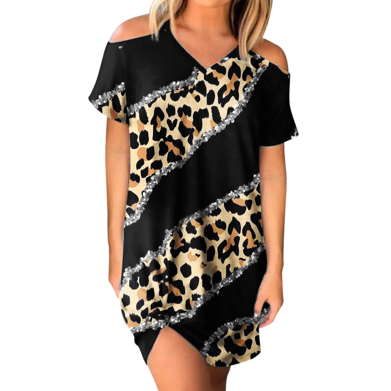 Women's Winter Casual Lace Patchwork Printed Short Sleeve Dress - Fashionable Junior Dresses for Holiday Parties, Christmas Gatherings & Office Wear