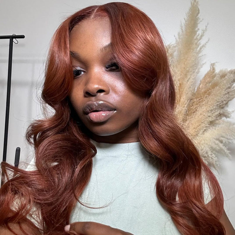 Eullair Copper Brown Glueless Body Wave Lace Frontal Wig - Dark Ginger Straight Human Hair Wig for Women | Natural Look for Autumn & Winter | Daily Wear, Parties, Cosplay