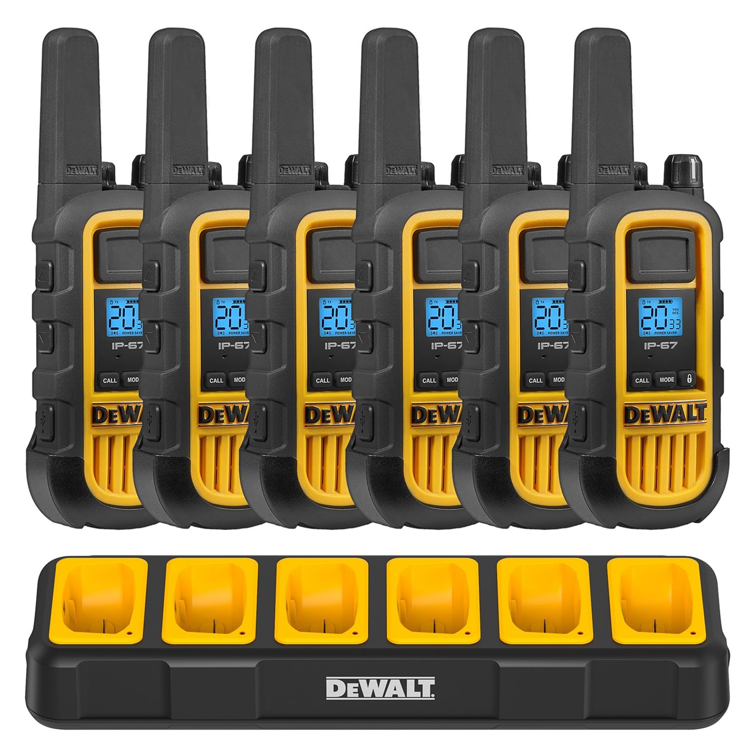 DEWALT DXFRS800 2 Watt Heavy Duty Walkie Talkies - Waterproof, Shock Resistant, Long Range & Rechargeable Two-Way Radio with VOX (6 Pack w/Gang Charger) - Ideal for Construction, Warehouse, Outdoor Adventures & Emergency Communication (DXFRS800-BCH6)