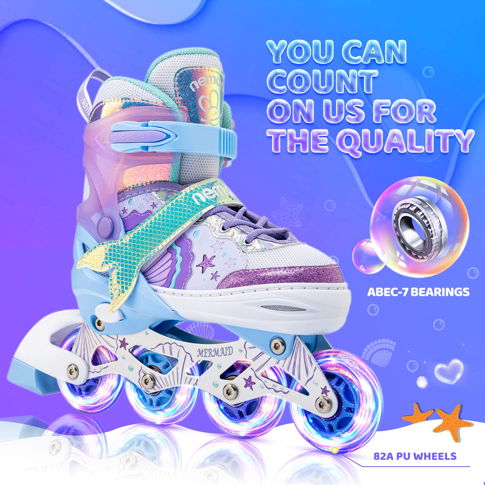 NEMONE Adjustable 4-Wheel Inline Skates for Girls & Kids - LED Light Up Roller Skates, Perfect Gift for Birthday & Outdoor Play (Pink/Blue) - Great for Park, Rink & Neighborhood Fun