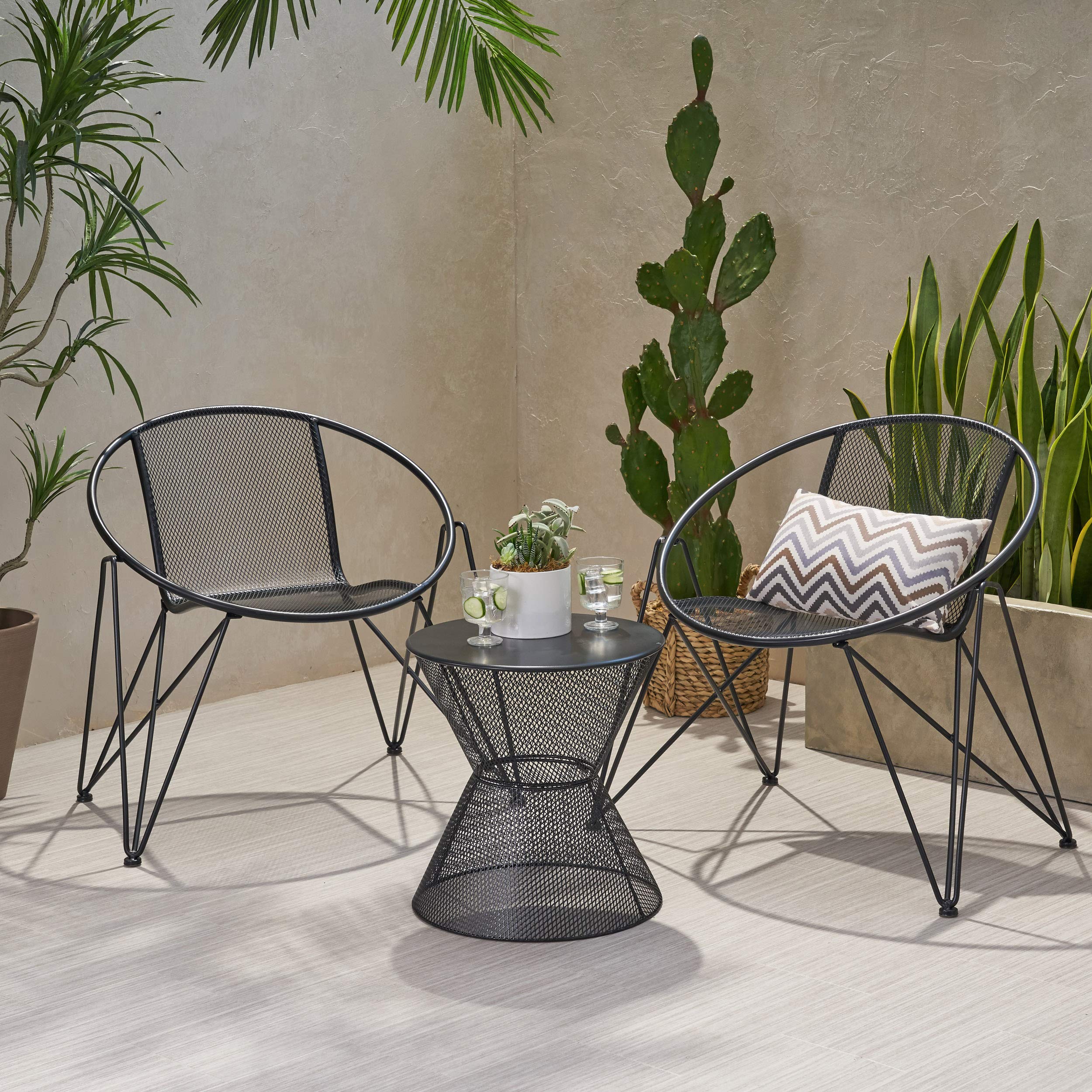 Modern Outdoor Iron Chat Set with Side Table - Matte Black Patio Furniture for Garden, Deck, or Poolside - Durable & Weather-Resistant Conversation Set