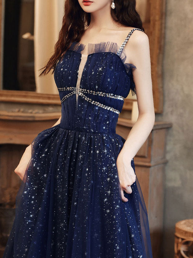 Elegant Blue Tulle A-Line Sequin Long Prom Dress for Women | Formal Evening Gown for Homecoming, Ball, and Special Occasions