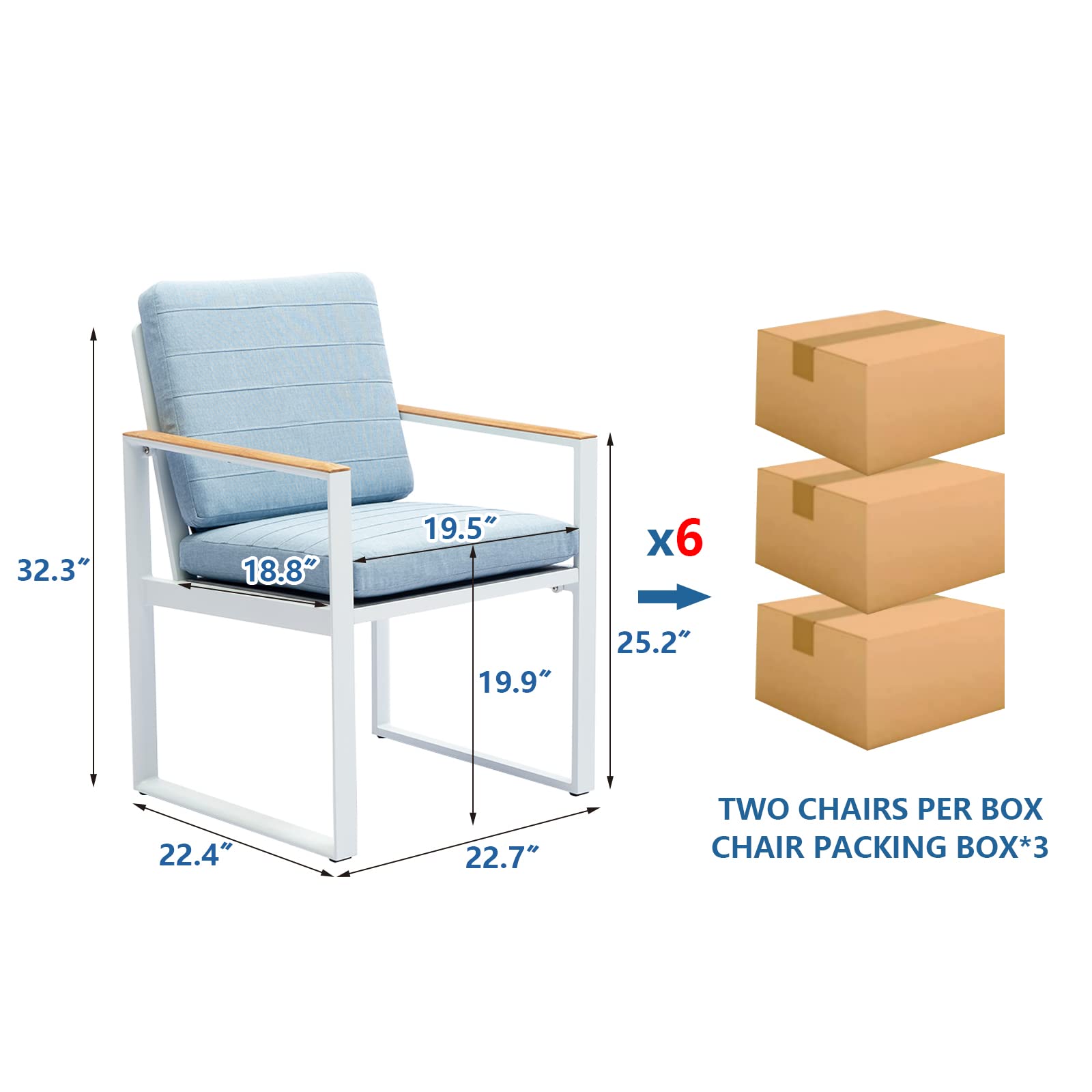 6-Piece Outdoor Dining Chair Set with Seat Cushions - Aluminum Patio Furniture with Teak Armrests for Garden, Backyard, Poolside - White Frame - Weather-Resistant & Comfortable Outdoor Seating