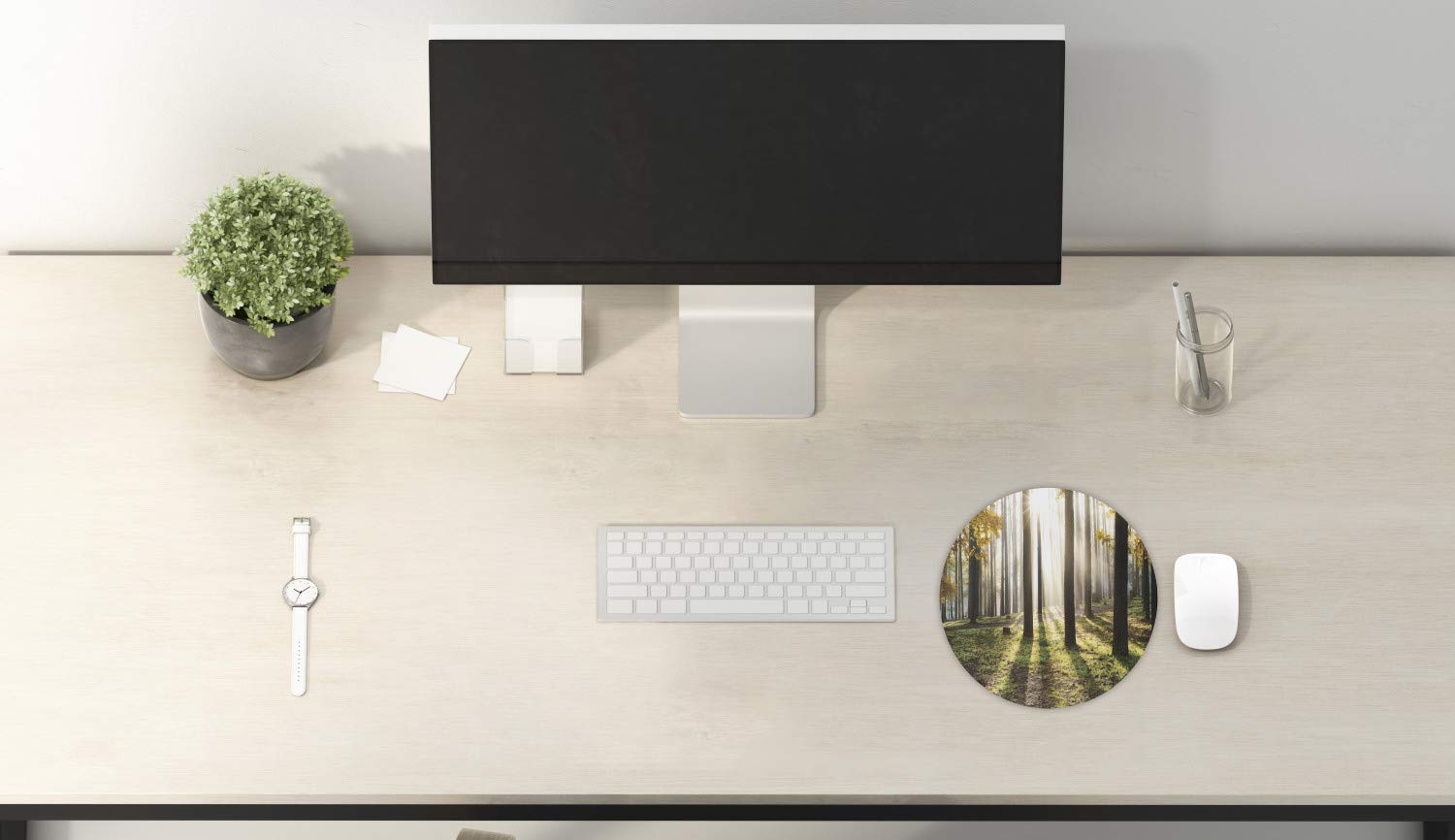 Ambesonne Round Non-Slip Gaming Mouse Pad - 8 Inch Forest Landscape Design with Sunrise & Seasonal Leaves - Thick Rubber Base for Computers & Office Use - Perfect for Work, Gaming & Home Office Setup (Yellow Green Brown)