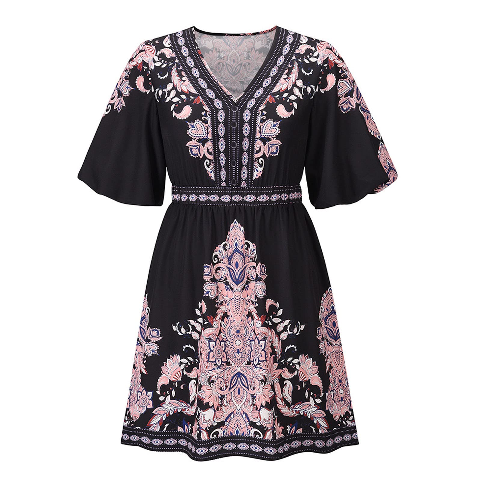 Jsarle Women's Vintage Floral Print V-Neck Short Dress - Lantern Sleeve Party & Casual Dress for Summer, Wedding Guest Outfit | Perfect for Garden Parties, Date Nights & Cocktail Events