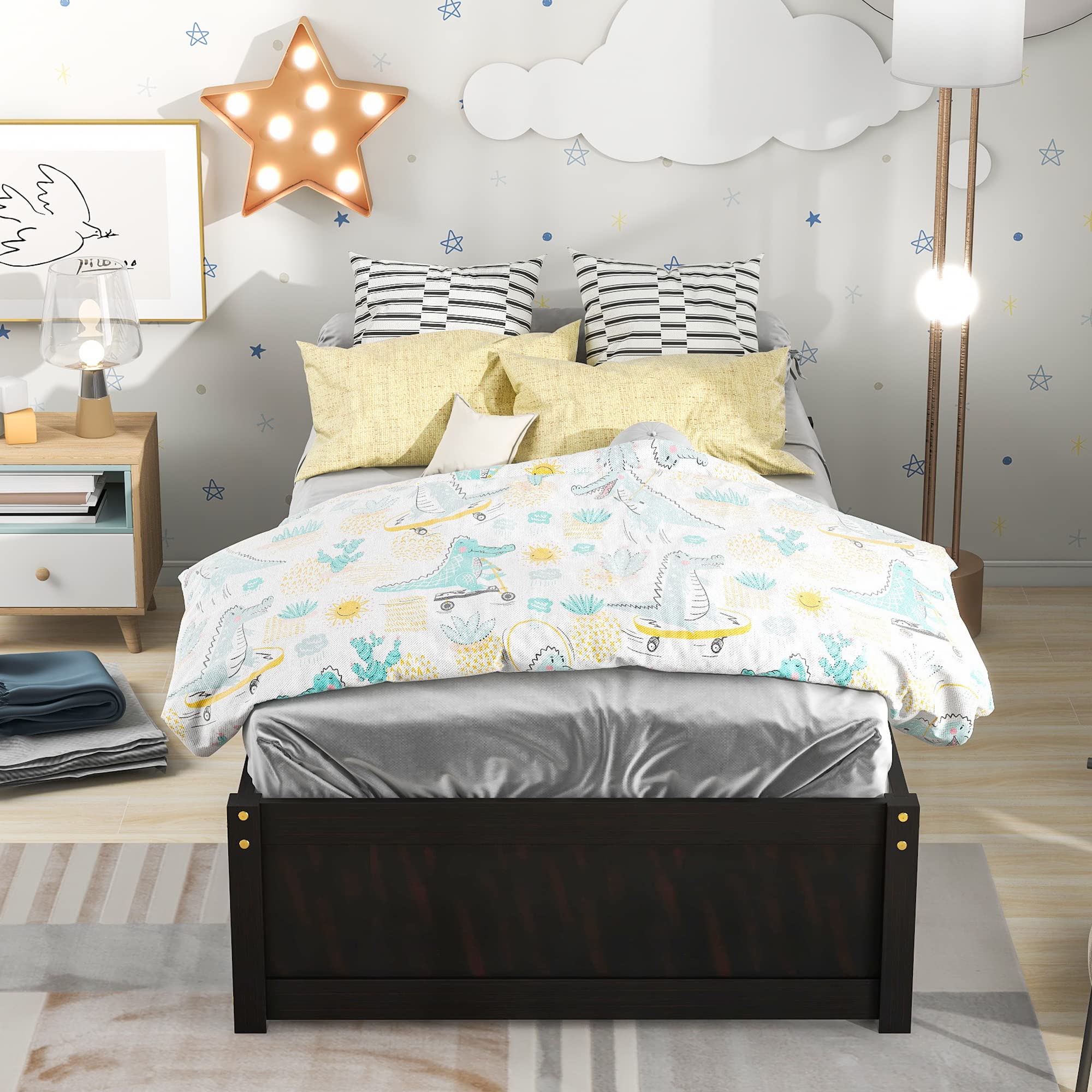 KINFFICT Twin Size Platform Bed Frame with 2 Storage Drawers - Solid Wood Slat Support for Kids & Adults - No Box Spring Needed - Easy Assembly (Espresso) - Perfect for Small Bedrooms, Guest Rooms & Kids' Rooms