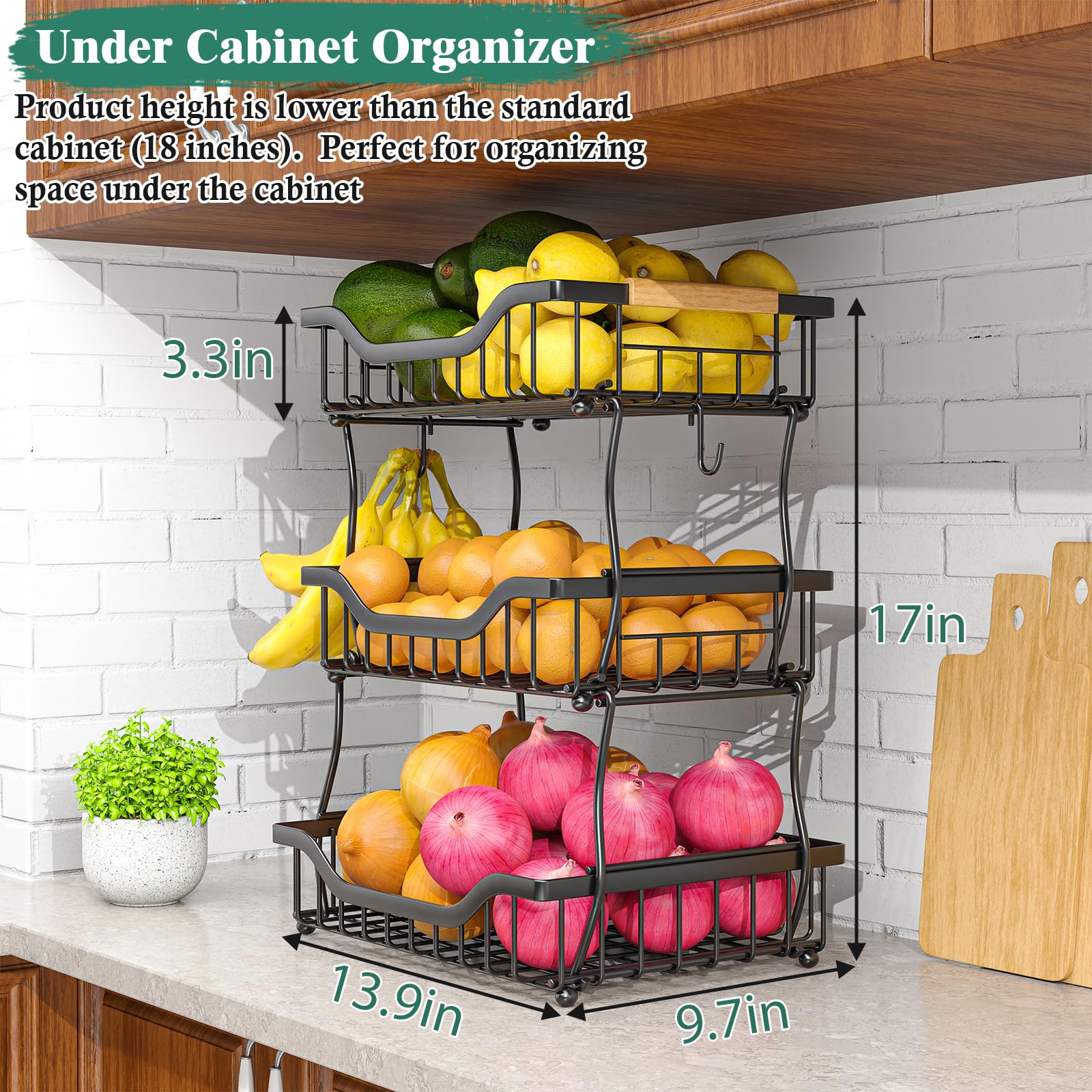 3-Tier Fruit Basket with Banana Hangers - Wall Mount & Countertop Kitchen Organizer for Fruits, Vegetables, Bread, Snacks - Perfect for Small Kitchen Storage & Pantry Organization (Ideal for Apartments, Dorms & Counter Space Saving)