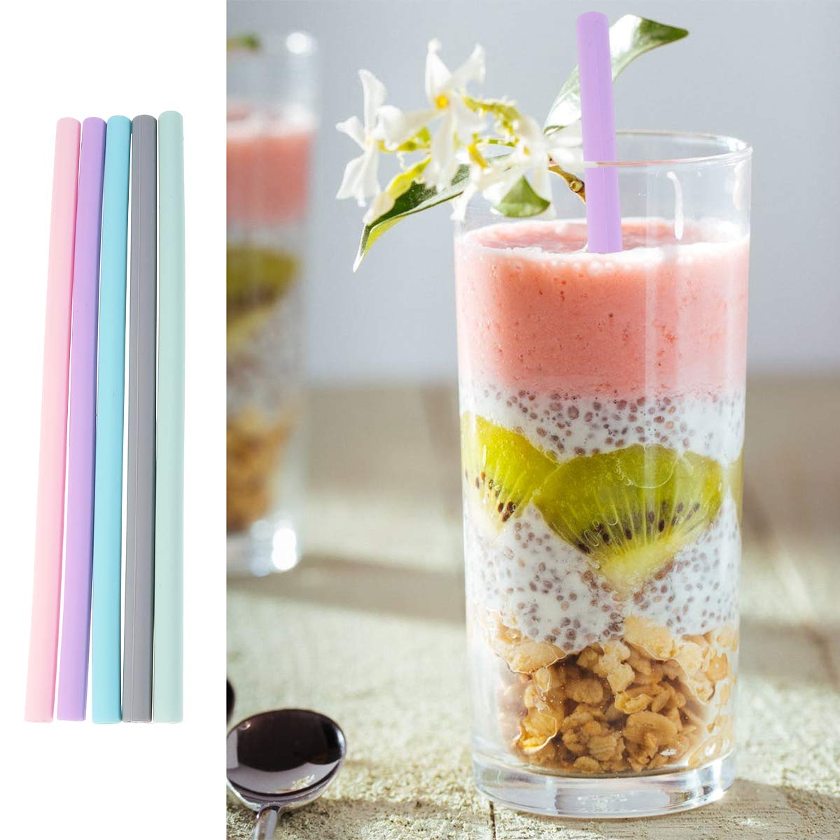 DOITOOL Reusable Silicone Drinking Straws - BPA-Free, Eco-Friendly, Dishwasher Safe for Smoothies, Iced Coffee & Cocktails at Home, Office or Travel