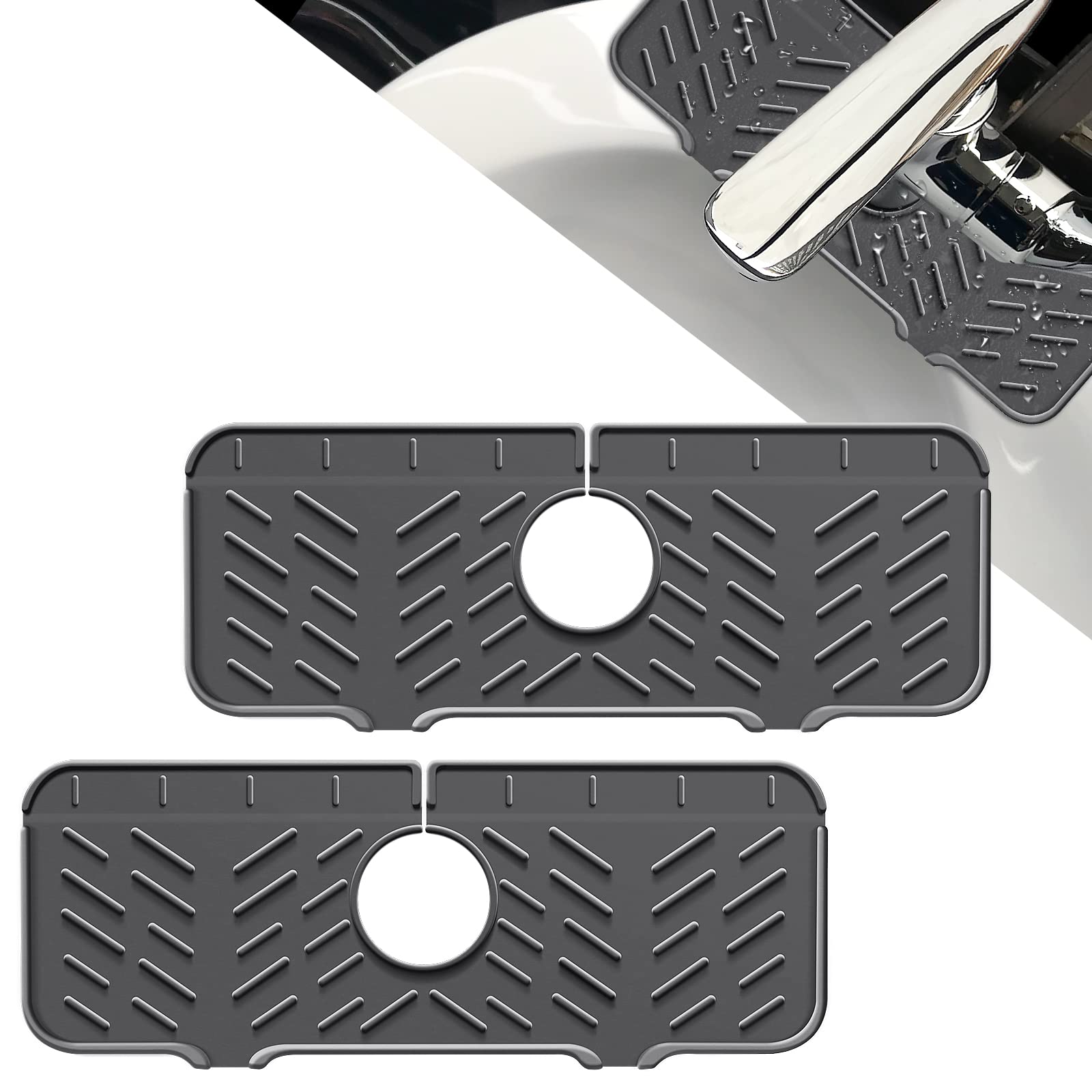 2 PCS Silicone Kitchen Sink Splash Guard - Water Splash Prevention Tray for Faucets, Durable Draining Pad for Kitchen, Bathroom, Bar & RV - Perfect for Washing Dishes, Cleaning Vegetables & Preventing Countertop Mess