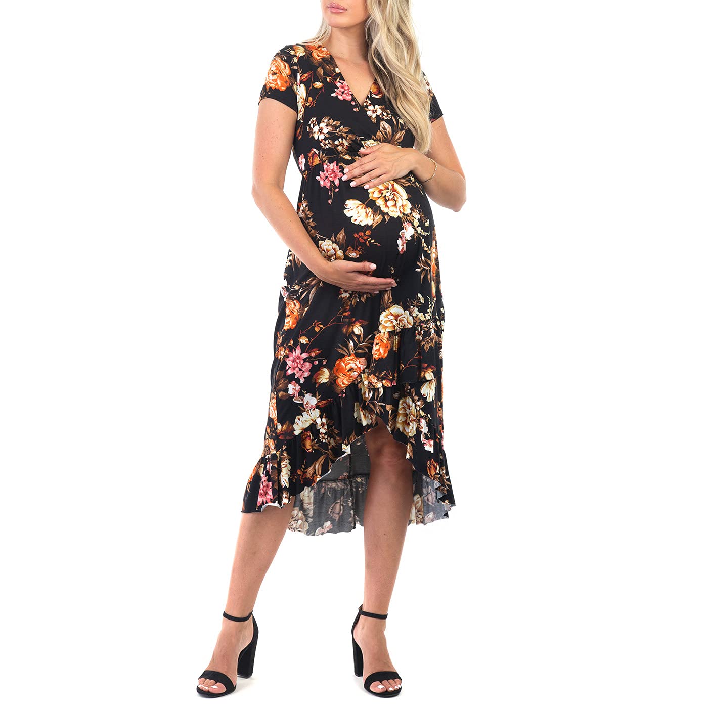 Stylish Mother Bee Maternity Faux Wrap Hi-Lo Dress - Comfortable Pregnancy Clothes for Women | Perfect for Baby Showers, Maternity Photos & Everyday Wear