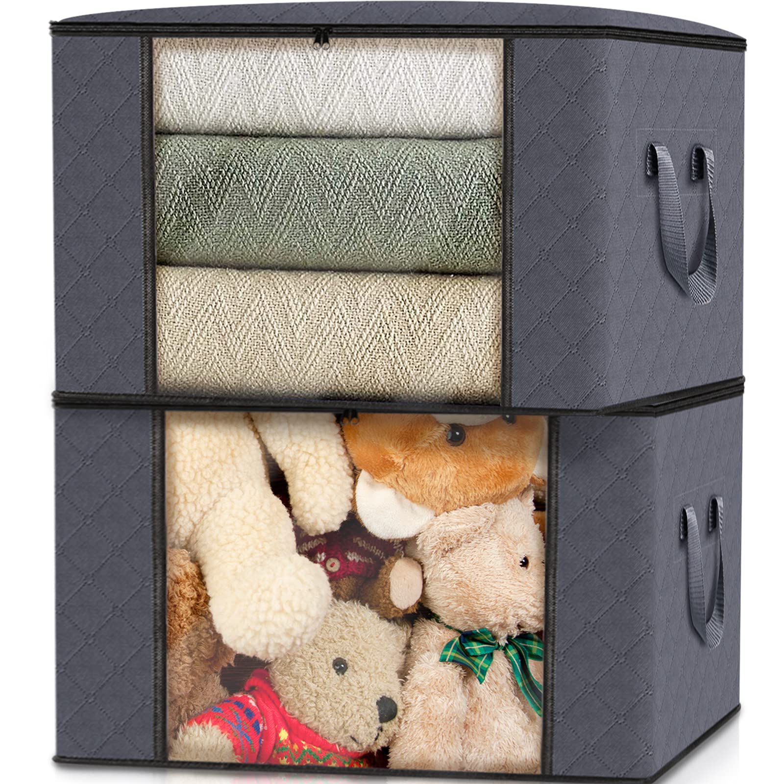2-Pack Stackable Storage Bins with Lids - Grey Totes for Closet & Bedroom Organization