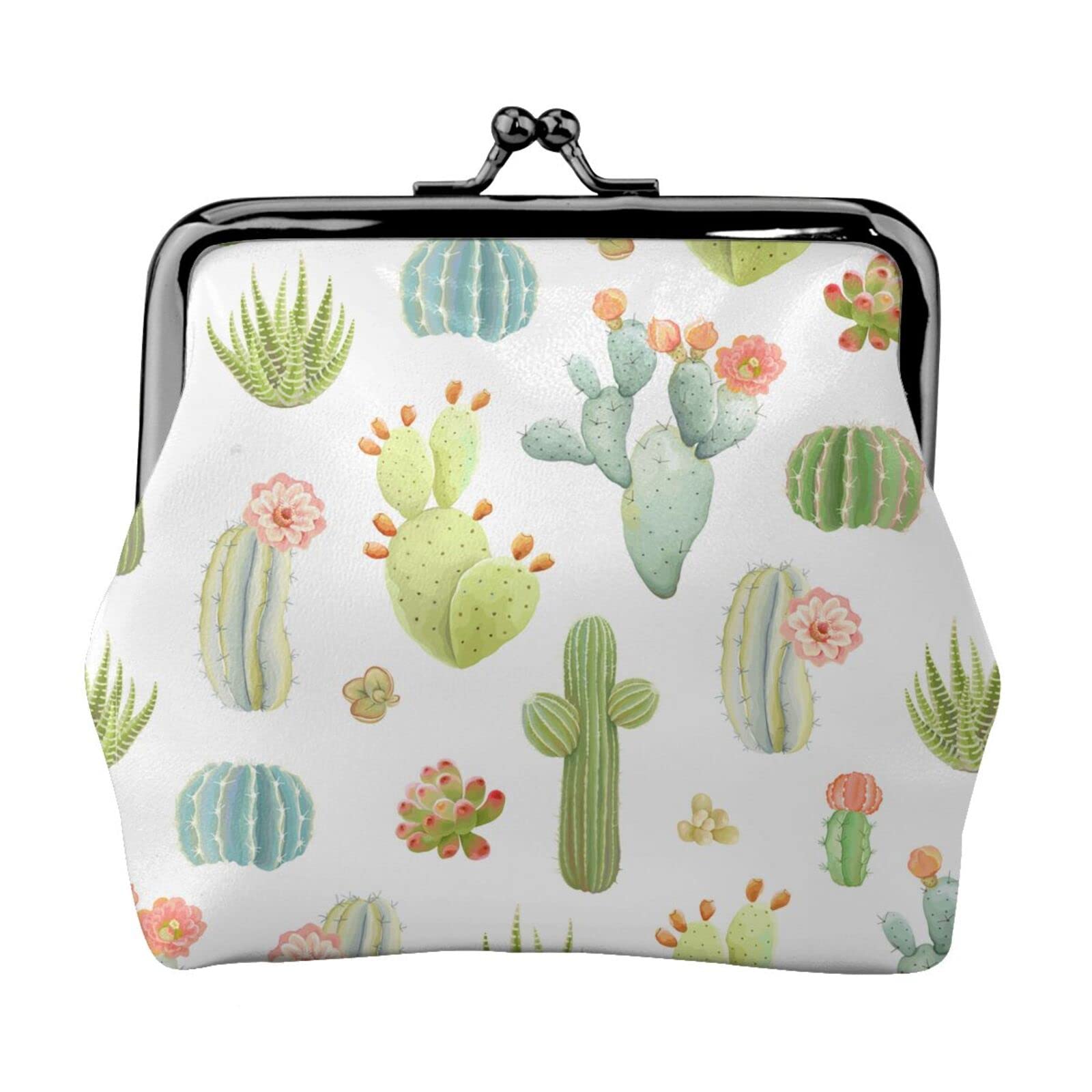 Women's Cactus Print PU Leather Wallet - Small Coin Purse with Kiss Lock & Card Holder, Ladies Mini Clutch Purse for Everyday Use, Travel & Shopping Accessories