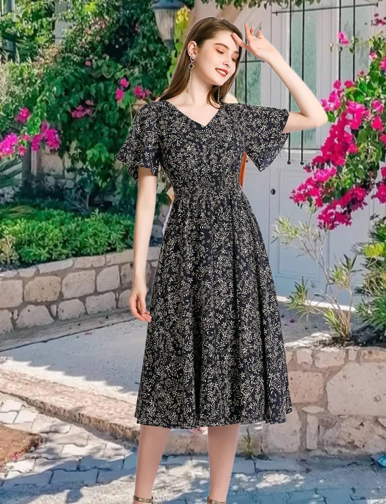 Chiffon Floral Summer Dresses for Women - Elastic Waist Beach Sundress | Casual Outdoor Wear, Vacation, Party & Wedding Guest Outfit