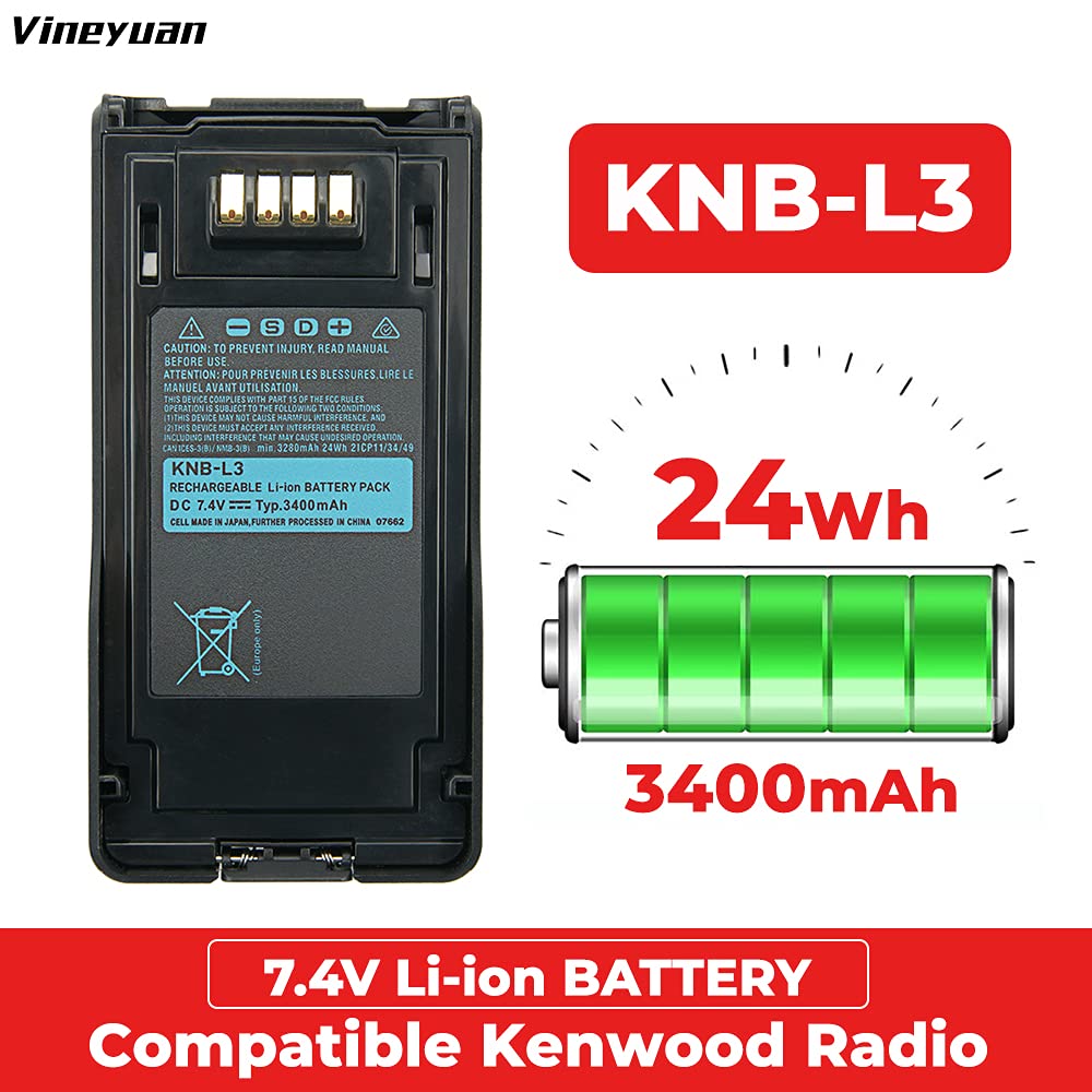 Original 7.4V 3400mAh KNB-L3 Replacement Li-ion Battery for Kenwood VP6230 TK-5430 NX-5000 NX-5200 NX-5300 Series Walkie Talkies - Long Lasting Power for Outdoor Adventures, Construction Sites & Emergency Communication