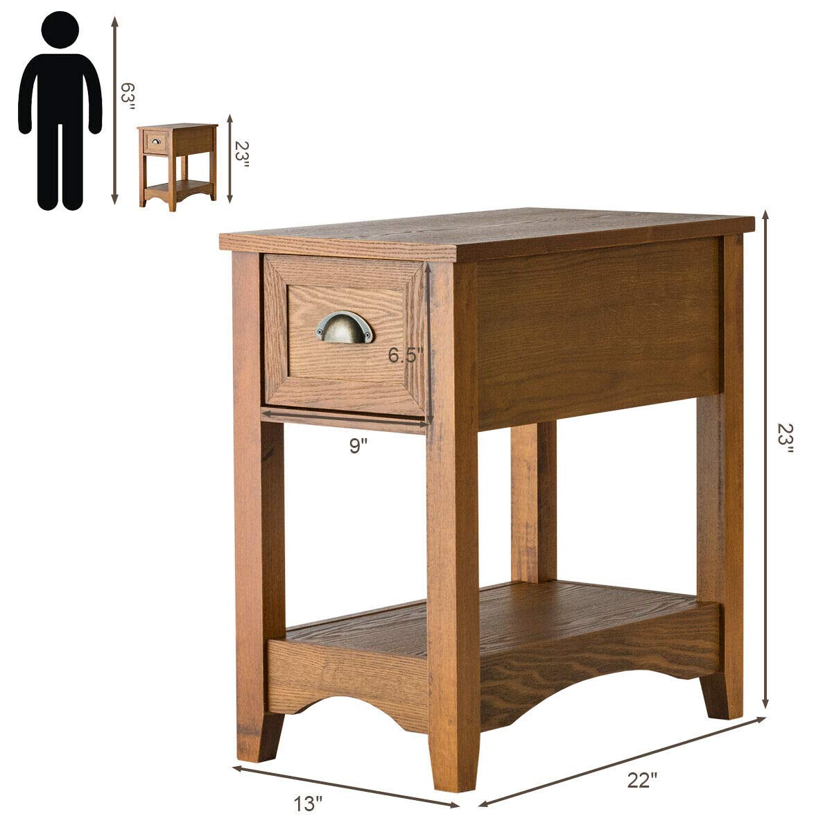 Giantex Retro Narrow End Table with Drawer & Storage Shelf - Solid Wood Nightstand for Bedroom, Living Room, Home Office - Small Space Furniture for Apartment, Dorm, Studio (2-Pack, Tawny)