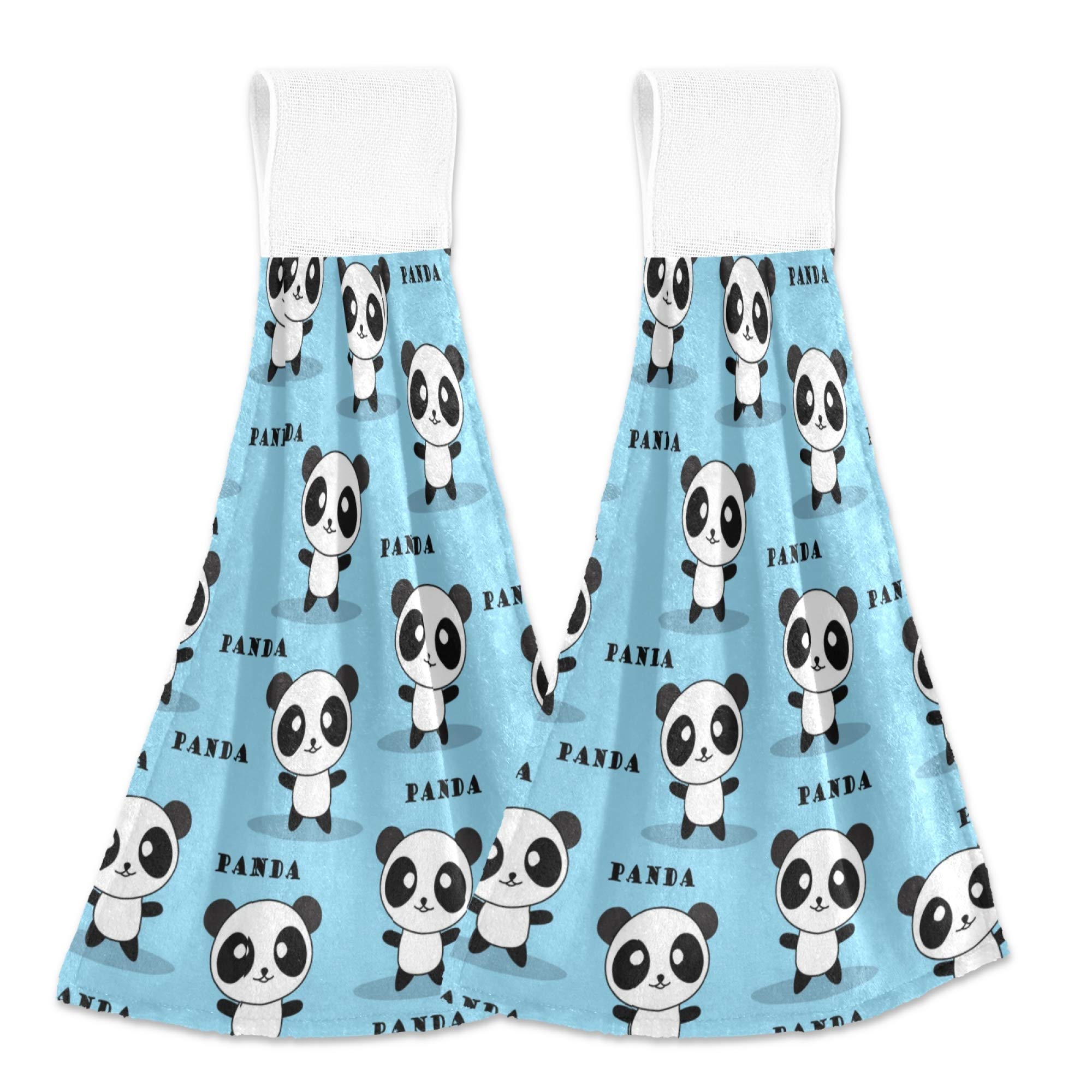 Cute Panda Pattern Blue Kitchen Hand Towels with Hook & Loop - Set of 2 Absorbent Bath & Hand Towels for Hanging - Perfect for Kitchen, Bathroom, and Baby Care