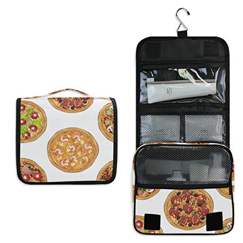 Waterproof Hanging Travel Toiletry Bag for Women - Pizza Print Cosmetic Makeup Organizer Pouch | Perfect for Vacation, Gym, Camping & Business Trips
