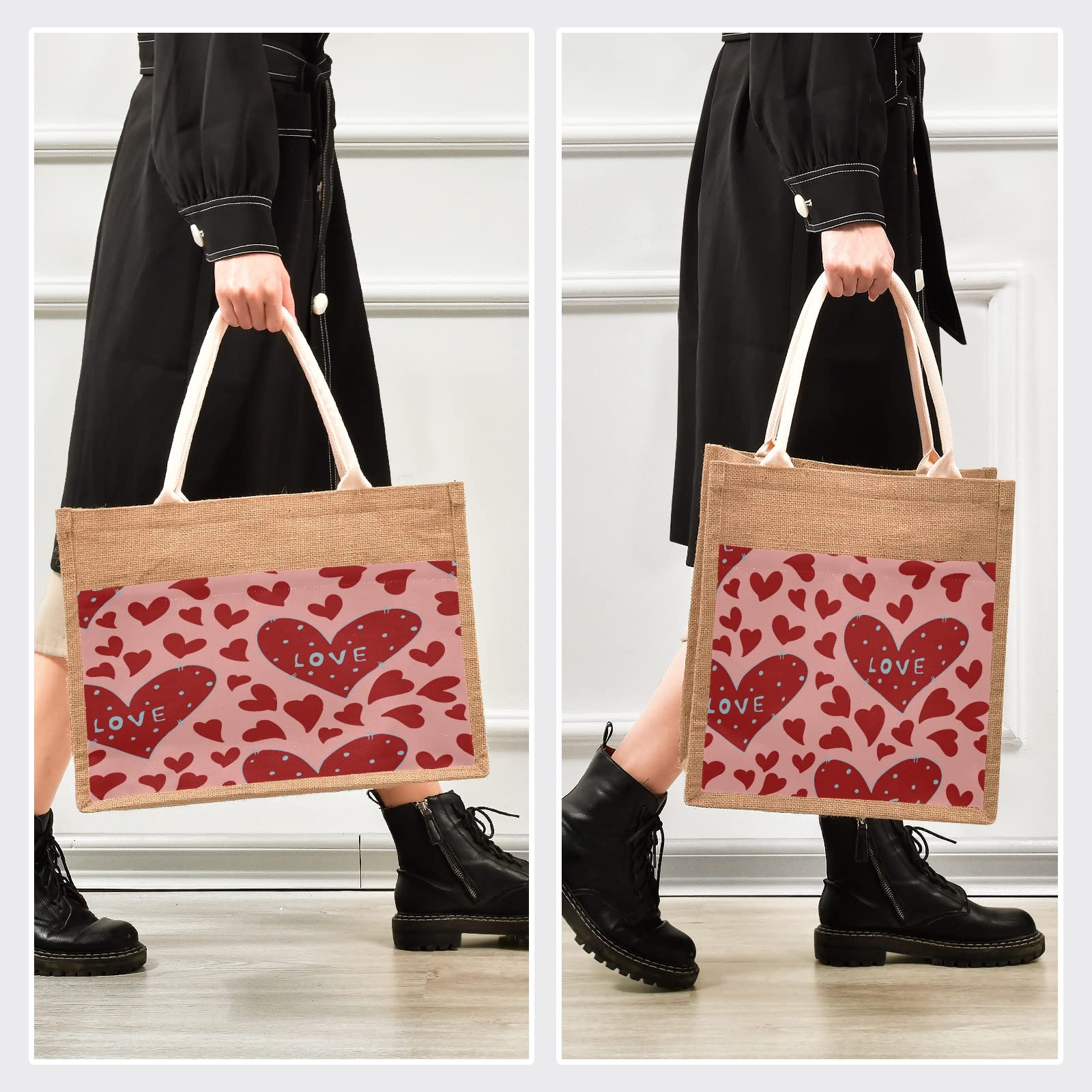 ALAZA Heart Print Valentine's Day Love Jute Tote Bag for Women - Eco-Friendly Grocery Shopping Bag with Sturdy Handles - 8.7 x 11.8 x 5.9 Inches - Perfect for Outdoor Travel, Beach Trips & Farmers Market