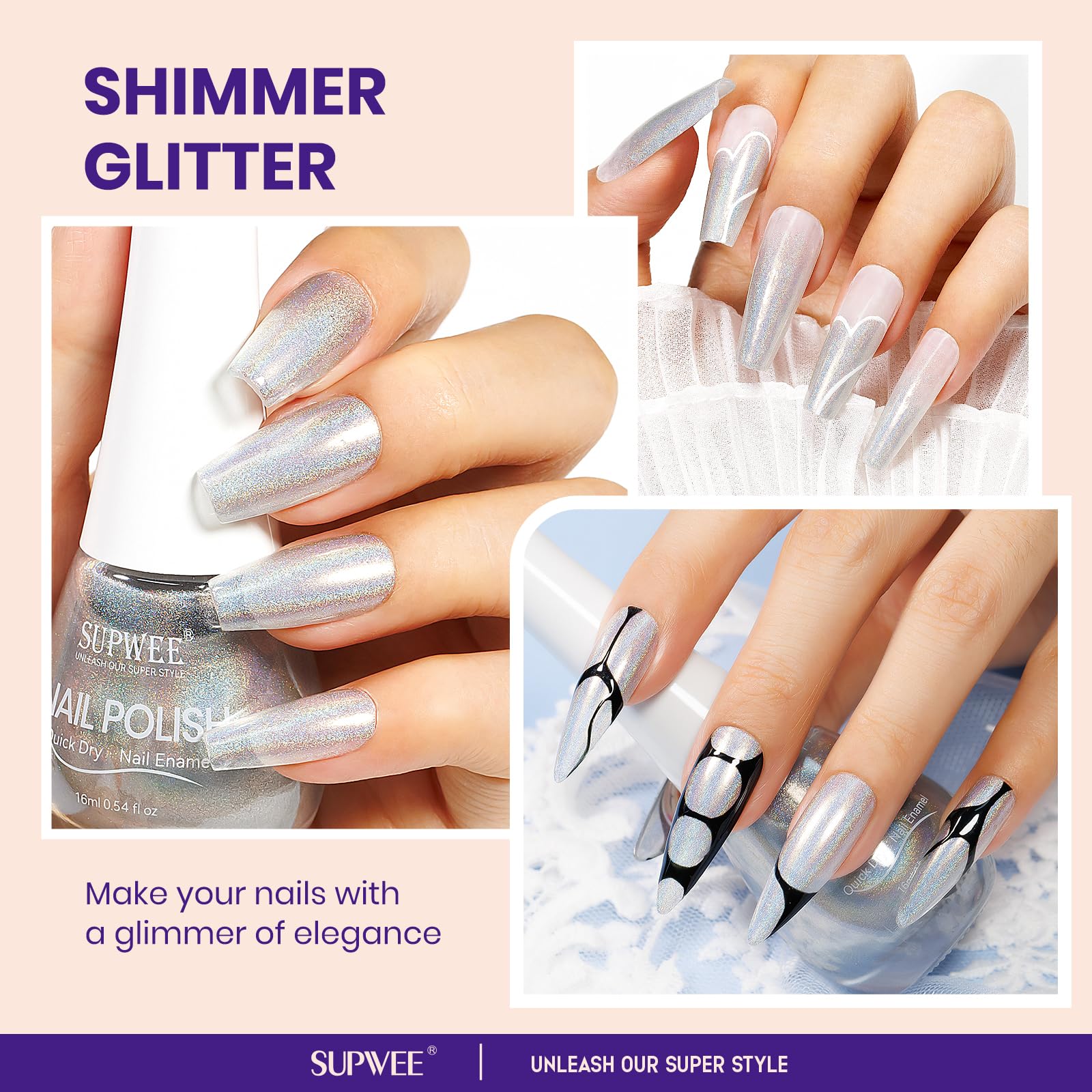 Holographic Silver Nail Polish - Quick Dry Iridescent Glitter Nail Lacquer - High Gloss Fast Air Dry Manicure - DIY Nail Art Salon Gift for Women & Girls - Perfect for Parties, Weddings, and Special Occasions