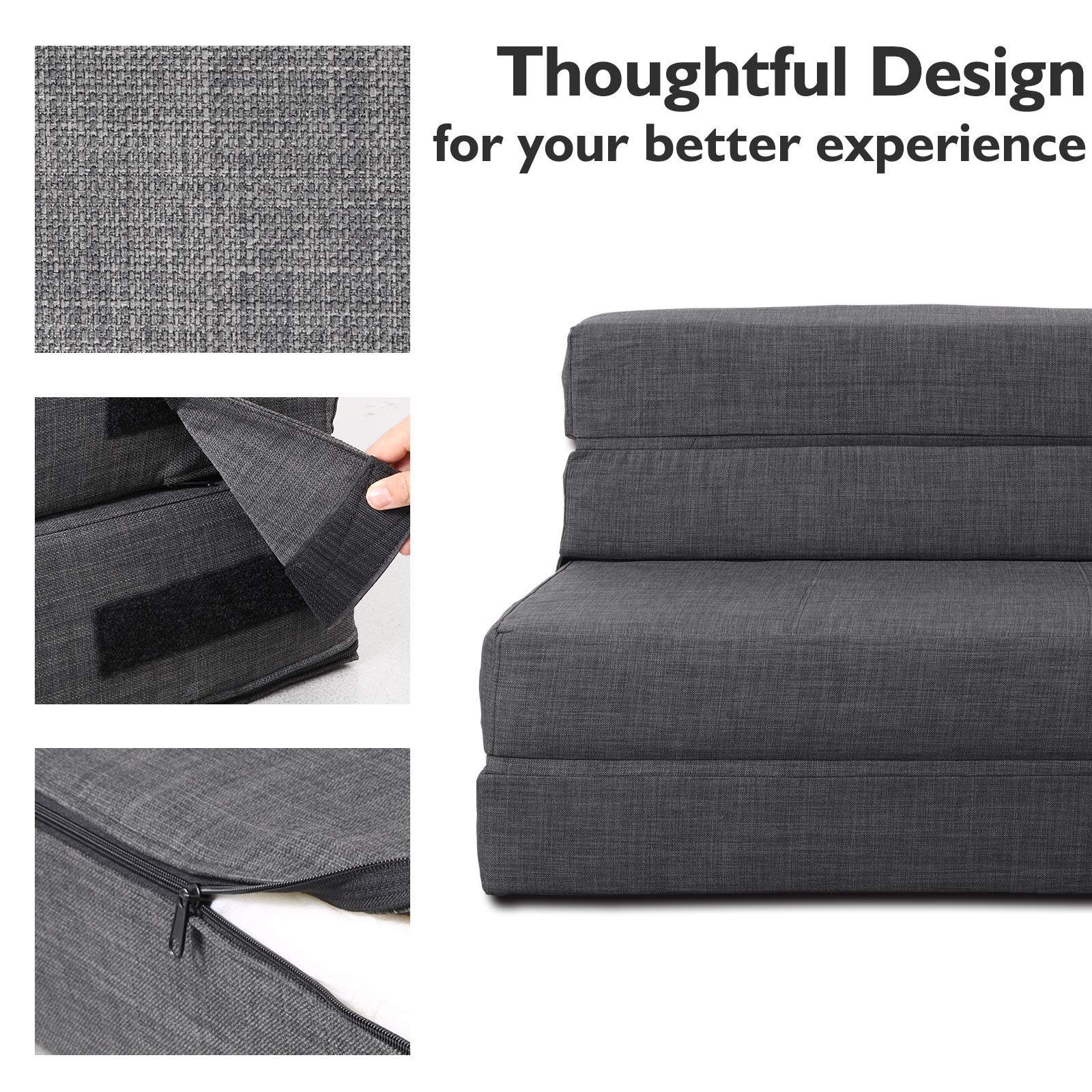 ANONER Foldable Sofa Bed with Memory Foam - Twin Size Sleeper Couch for Guest Room, Living Room & Small Spaces - Includes Washable Dark Gray Cover & Pillow - Convertible Futon Chair for Lounge & Overnight Guests