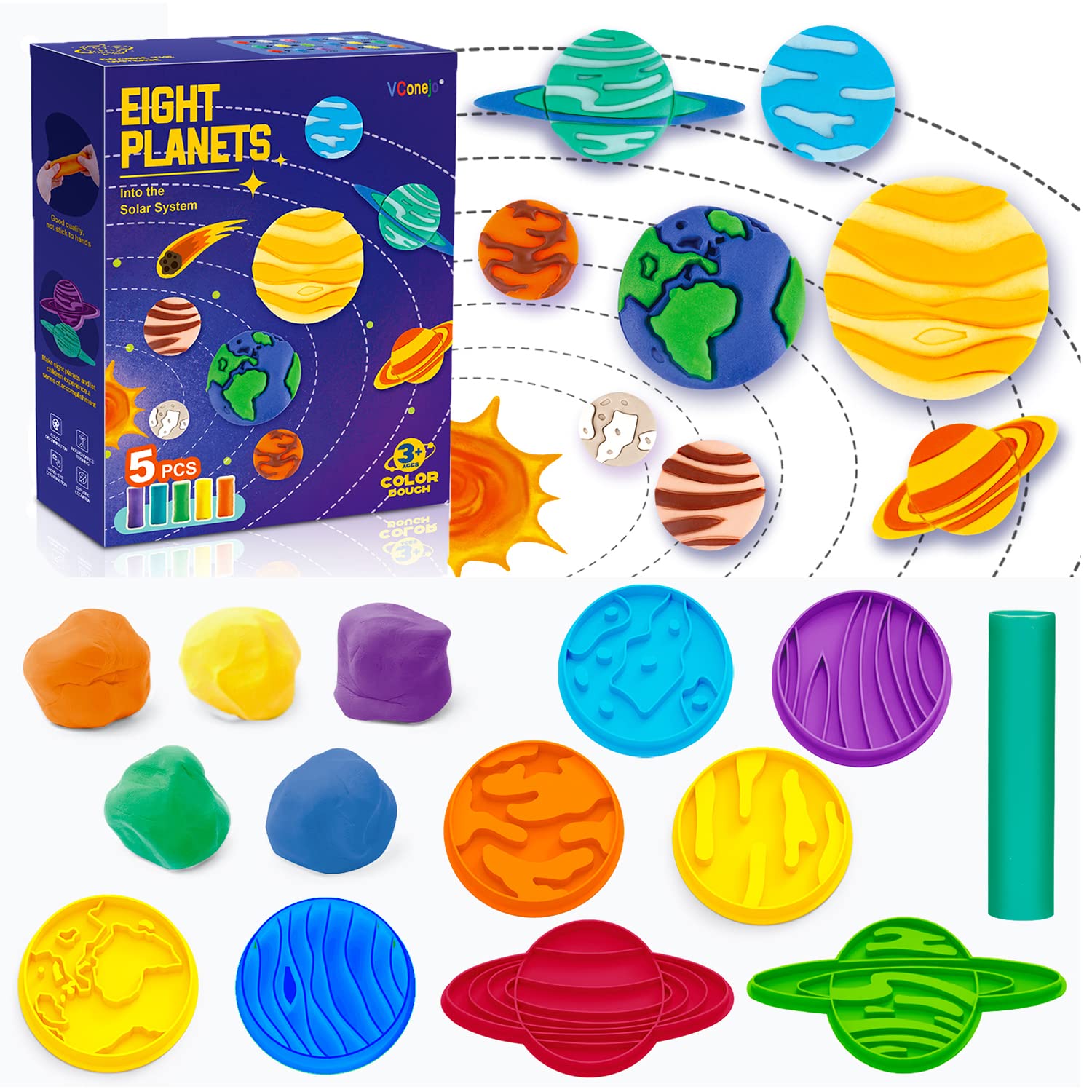 VConejo 14-Piece Planets Themed Play Dough Set for Kids Ages 2-8 - Non-Toxic Modeling Clay Kit with Tools & Accessories for Creative Play - Perfect for Preschool Learning, Sensory Development & Birthday Gifts