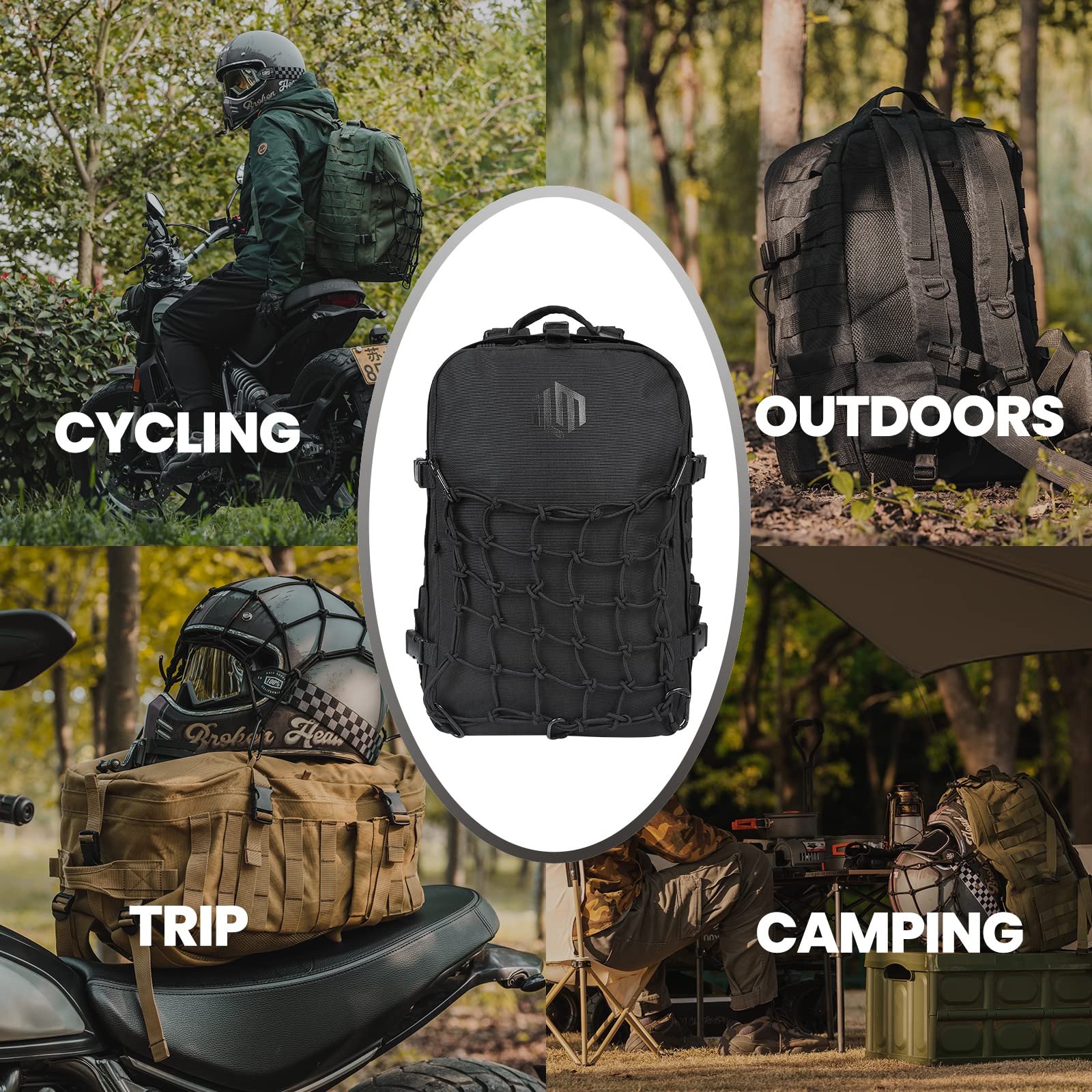 **ILM 30L Motorcycle Helmet Backpack - Waterproof Tactical Riding Backpack for Men & Women - Large Capacity Helmet Holder for Hiking, Commuting & Travel (Black, Model BP01)**