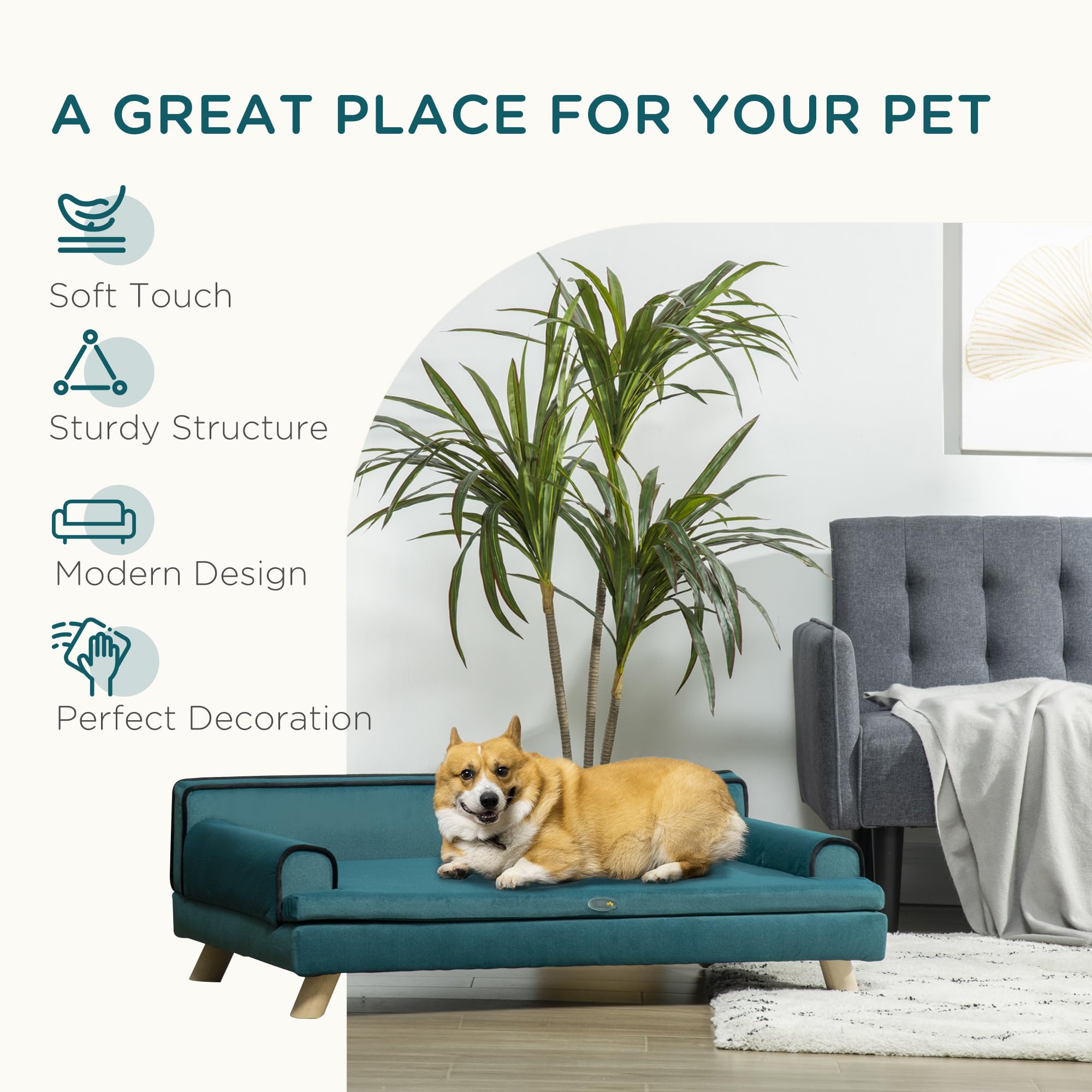 PawHut Large Dog Sofa Bed with Washable Cover & Wooden Legs - Elevated Foam Pet Couch for Medium & Large Dogs - Teal Color - Perfect for Living Room, Bedroom & Pet-Friendly Spaces