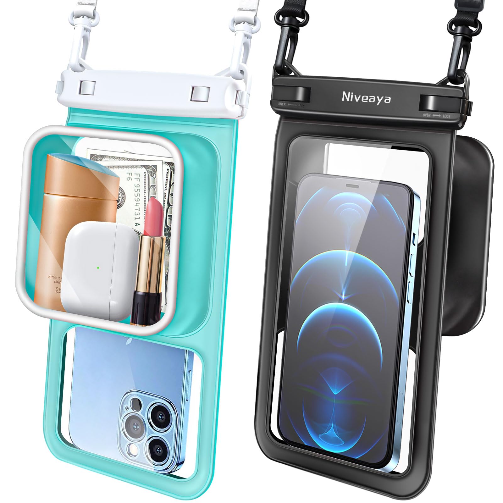 **Niveaya 2 Pack Floating Waterproof Phone Pouch for iPhone & Samsung (Up to 8.5