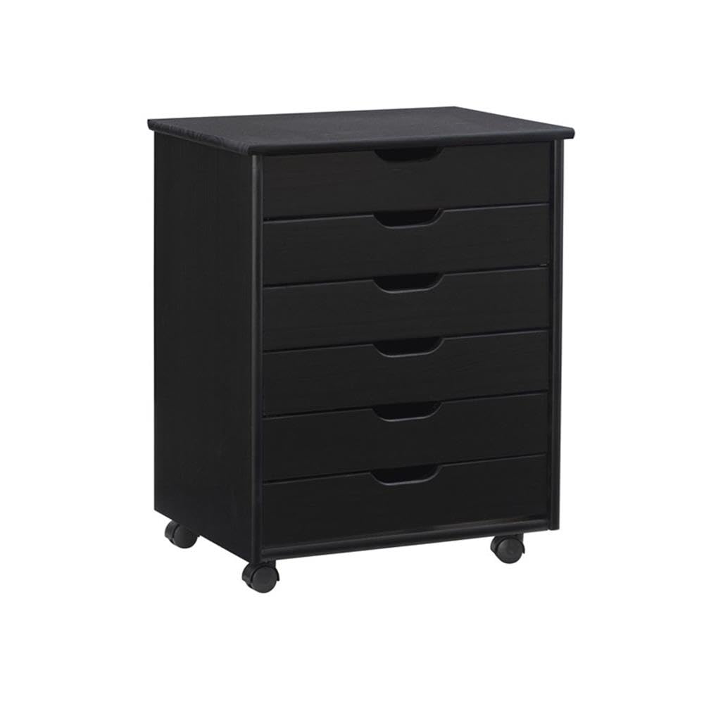 Black 6-Drawer Wooden Rolling Storage Cart with Wheels - Organizer for Bedroom, Closet, Office & Kitchen - Mobile Storage Solution for Home & Office