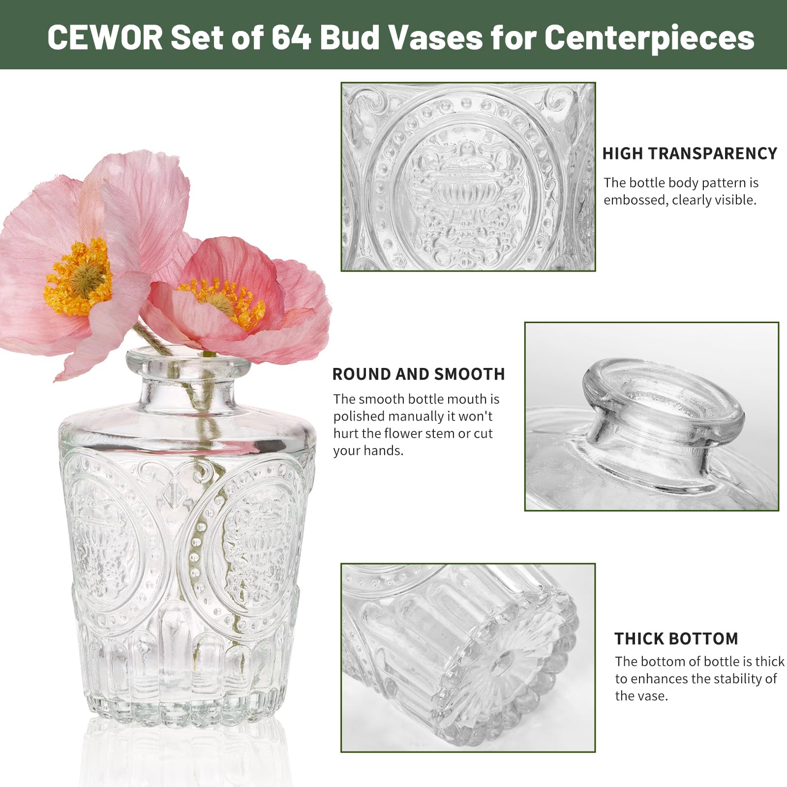 CEWOR Bulk Glass Bud Vases - Set of 64 Small Centerpiece Vases for Wedding, Home & Table Decor | Rustic Floral Arrangements, Party & Event Decorations