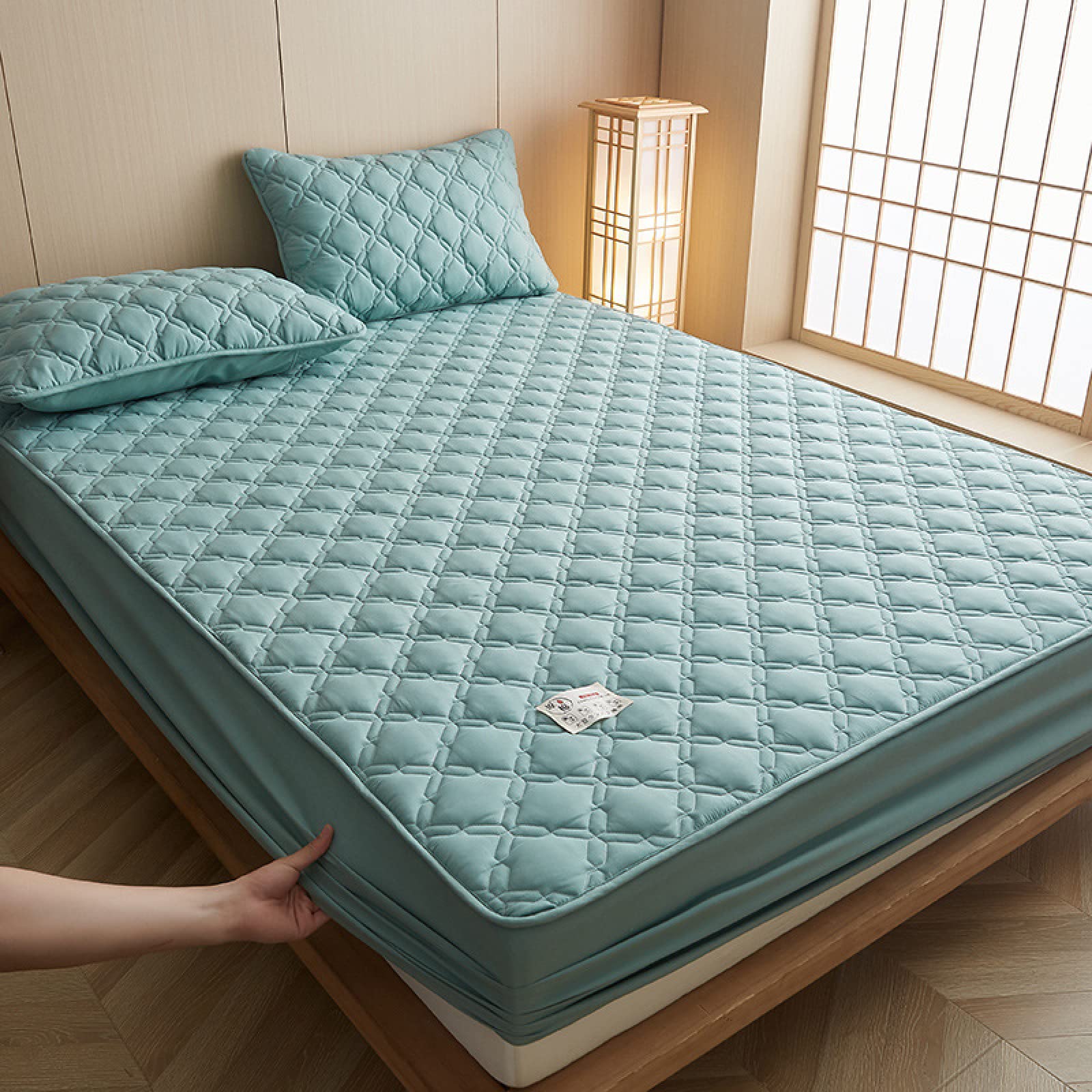 Deep Pocket Fitted Sheet Twin XL - 100% Cotton Quilted Mattress Protector, Non-Slip Hotel Quality Bedding for 120x200cm Mattress - Green Solid Color Bedspread for Bedroom & Apartment Use