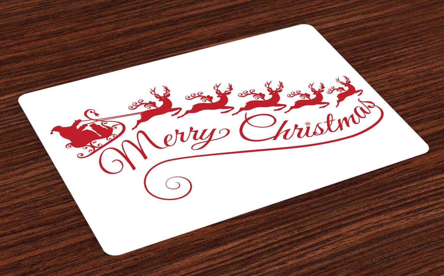 Santa with Sleigh Reindeer Silhouette Christmas Place Mats Set of 4 - Festive Xmas Table Decor for Dining Room & Kitchen - Washable Fabric Placemats in Dark Pink & White - Perfect for Holiday Dinners, Christmas Parties & Winter Home Decor