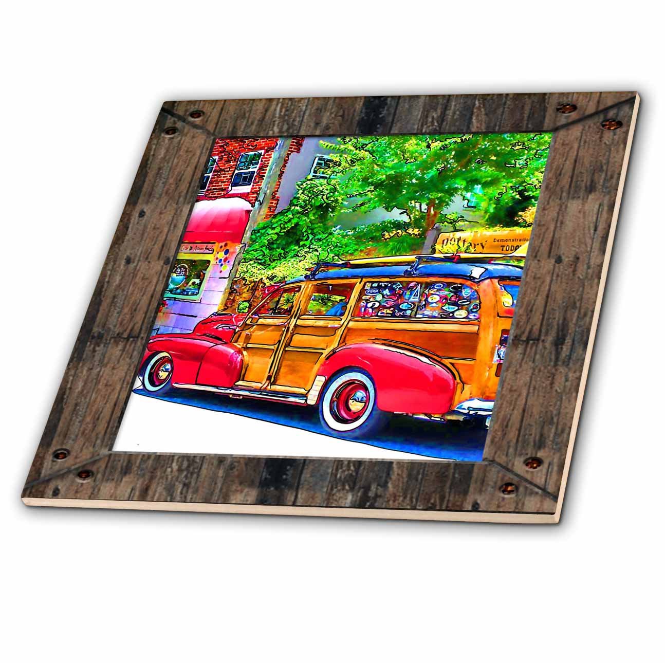3D Rose Woody Classic Surfing Car Ceramic Tile - Colorful Beach Themed Wall Decor for Kitchen, Bathroom & Outdoor Use - Perfect for Surf Lovers & Beach House Decor